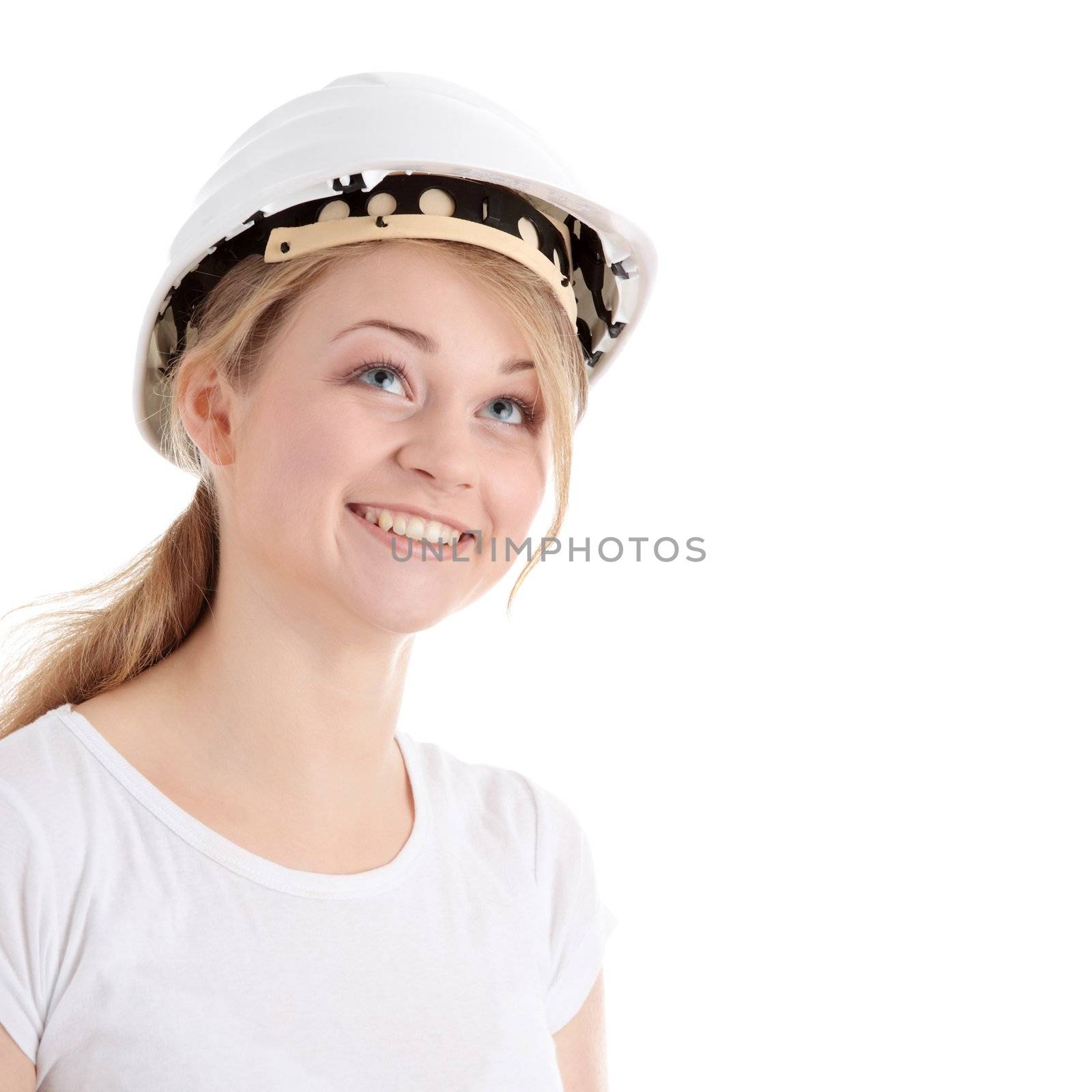 Architect woman in white helmet isolated on white background
