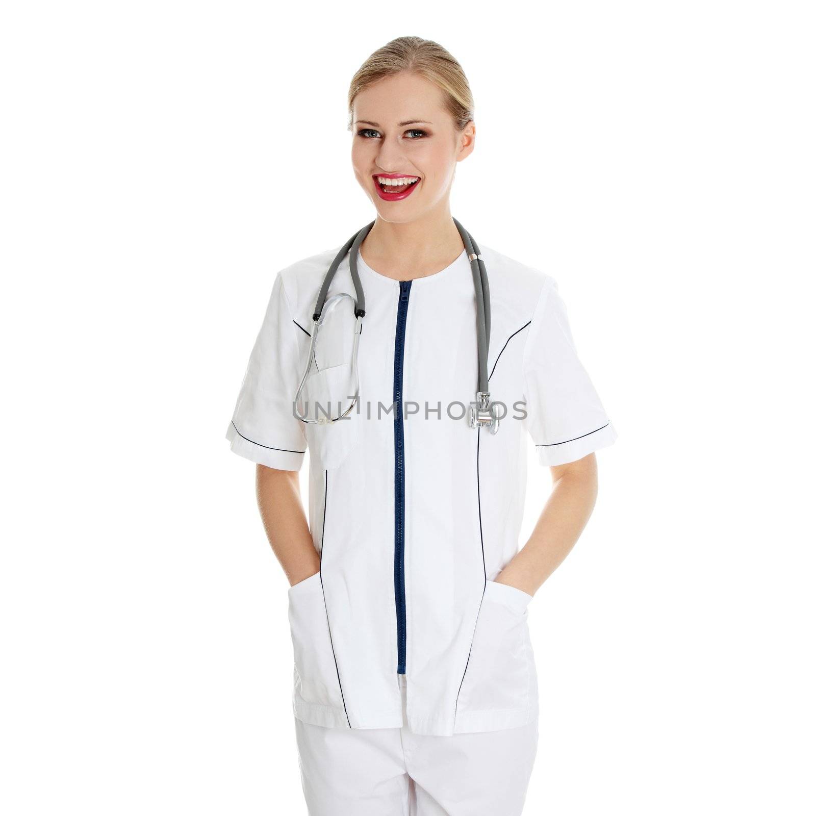 Female doctor or nurse, isolated on white