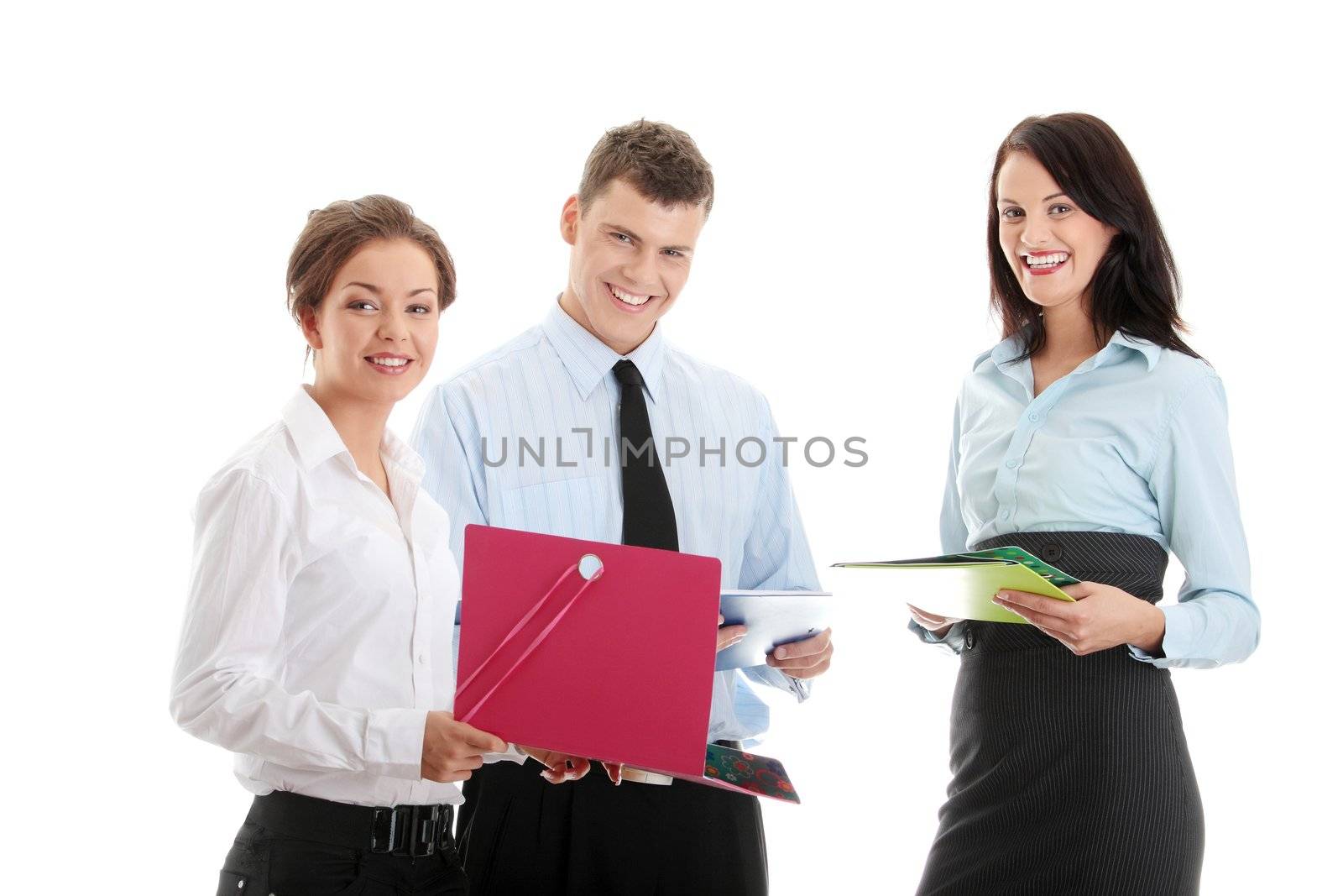 Conversation of business group. Isolated on white background, in the studio.