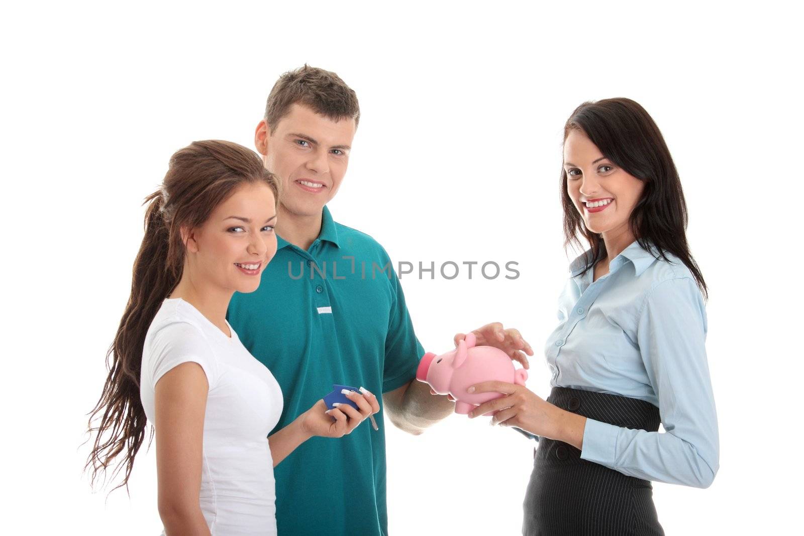 Real estate agent and young couple isolated on white background