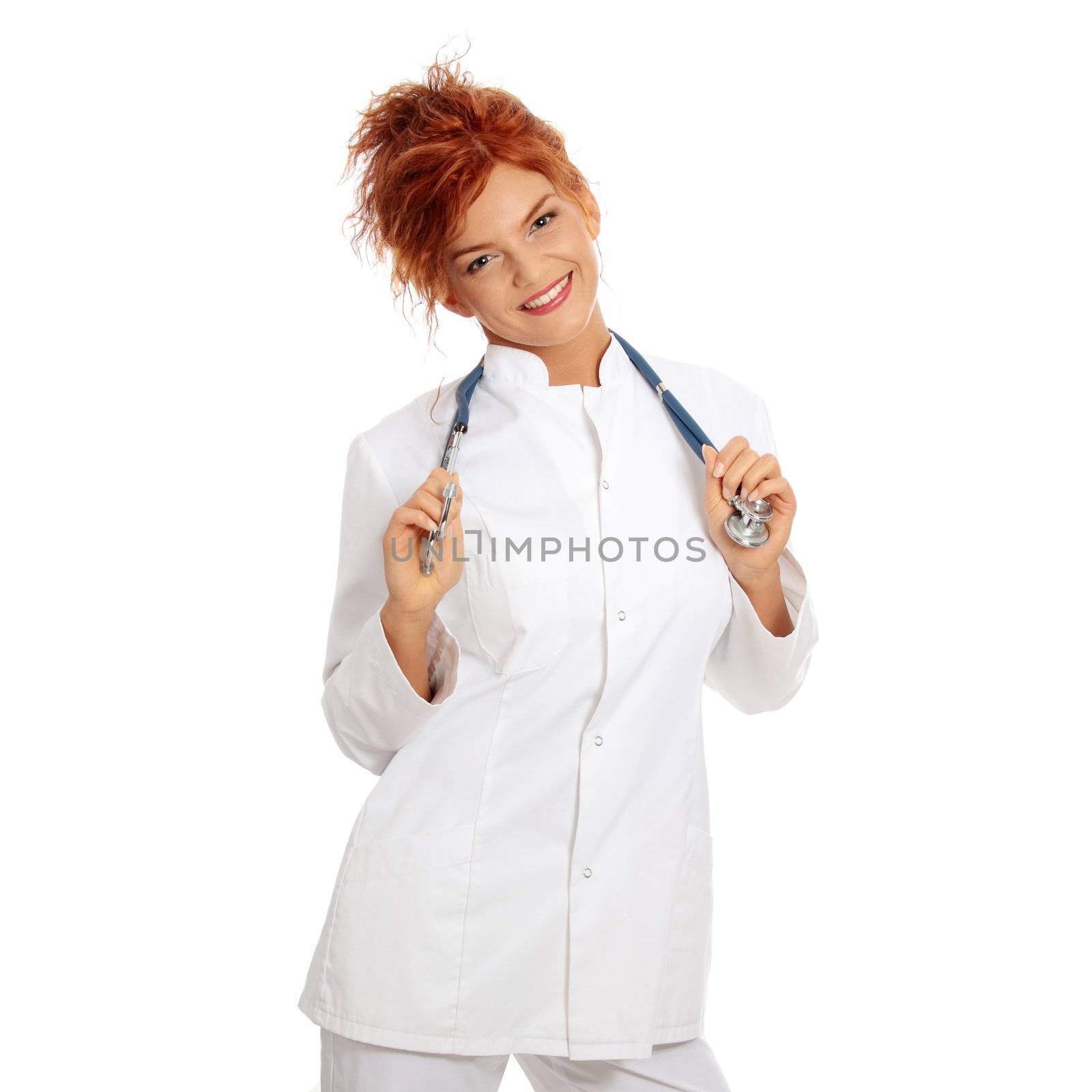 Smiling medical doctor or nurse. Isolated on white background