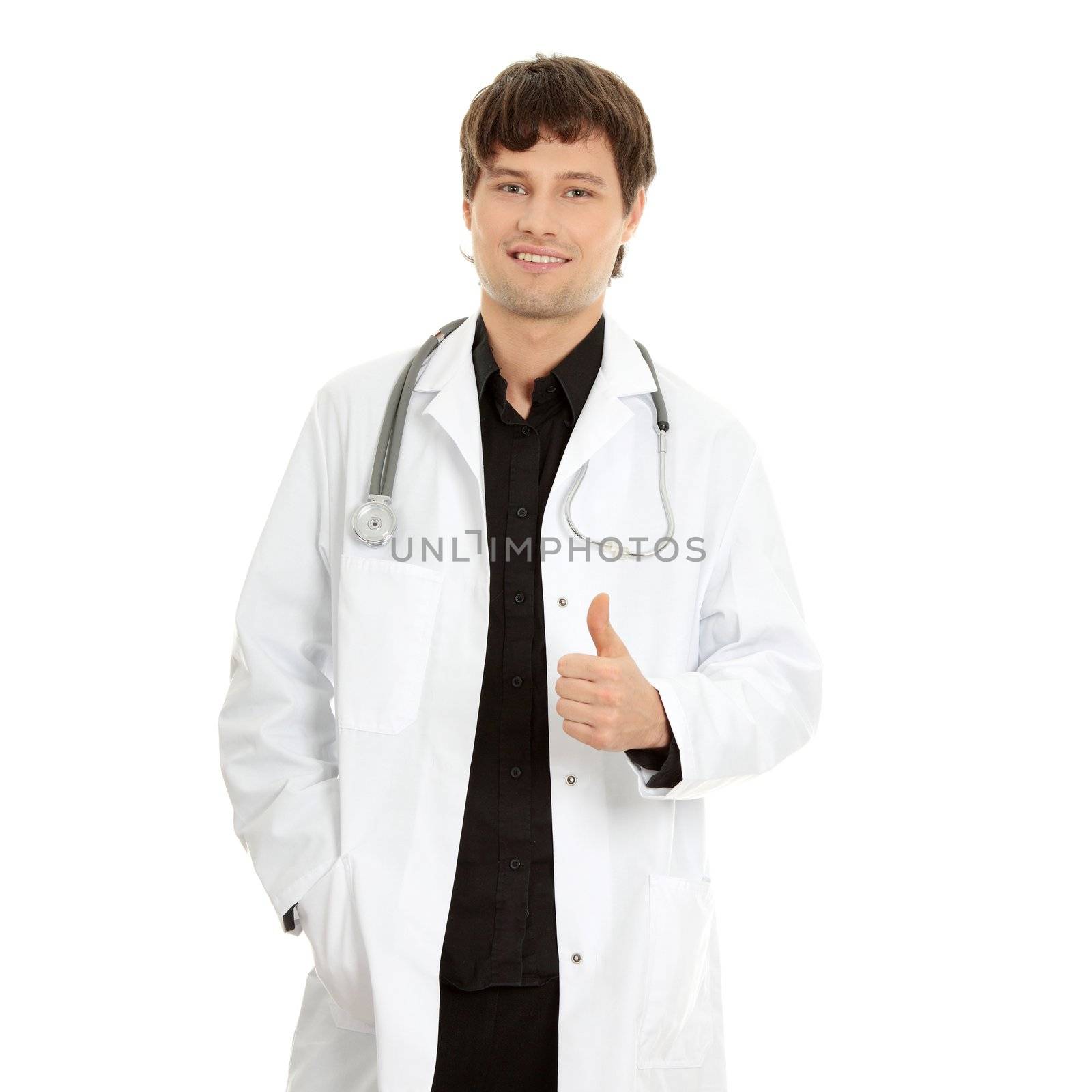 Handsome young doctor isolated on white background