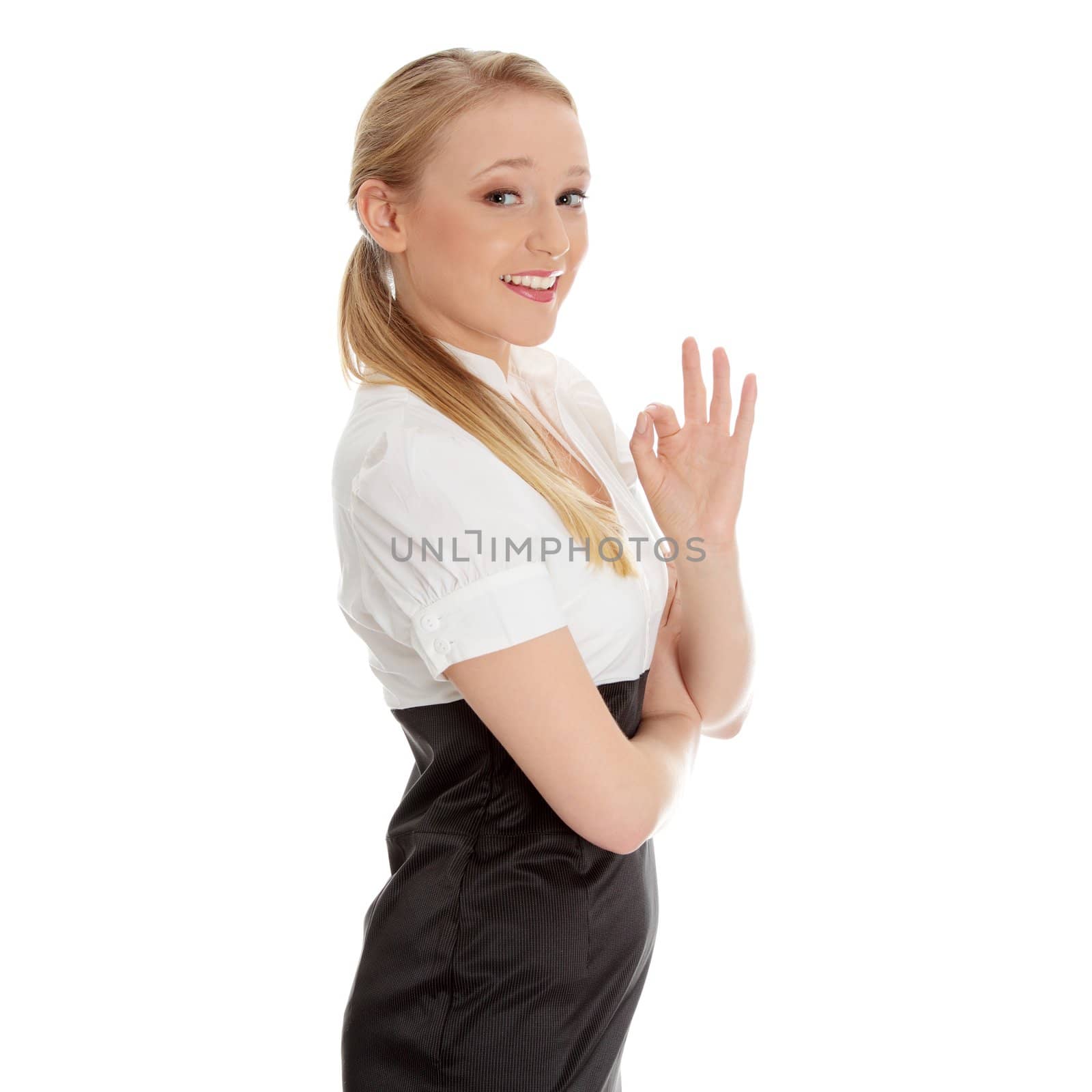 Young happy businesswoman gesturing perfect, isolated on white