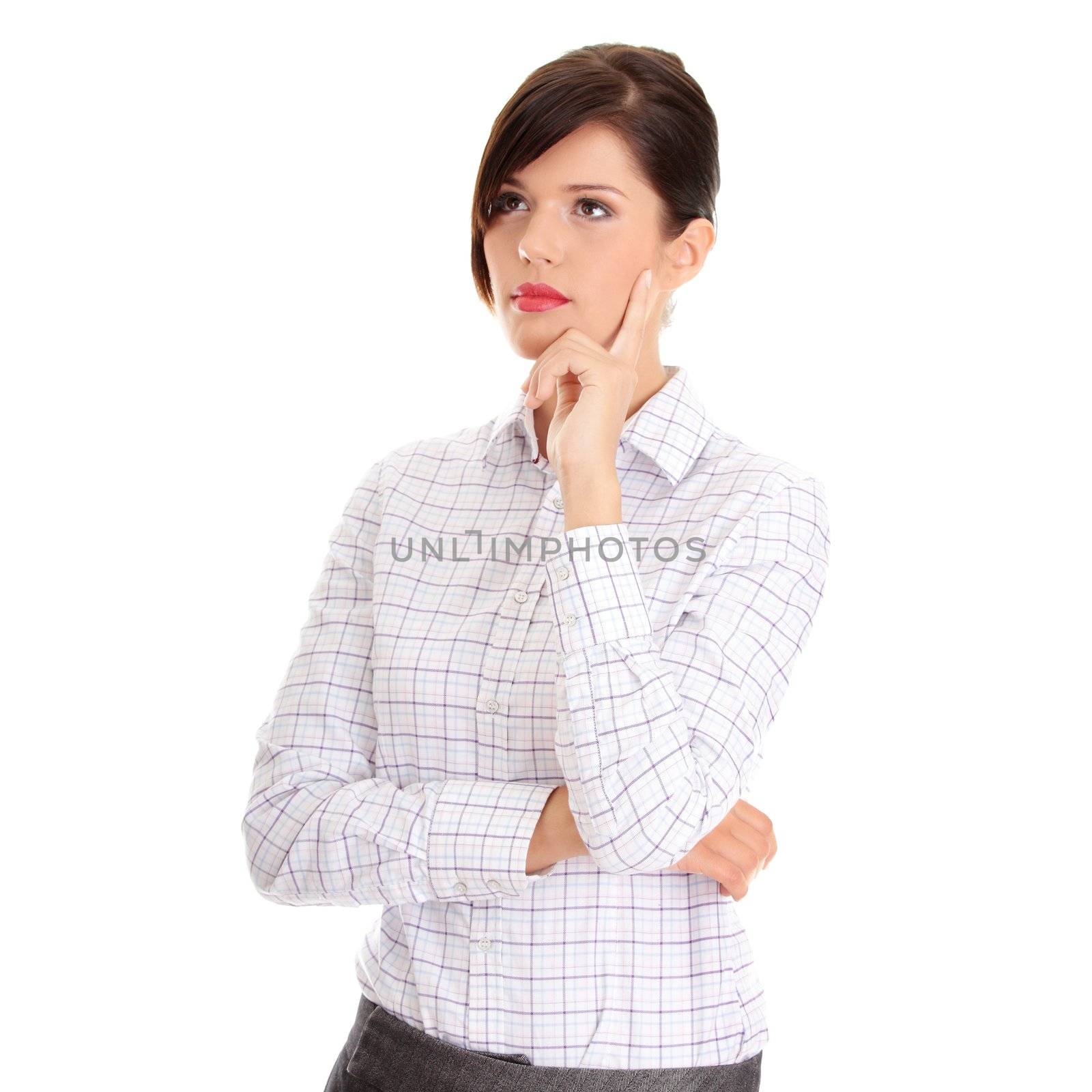 Thoughtful business woman portrait isolated over a white background