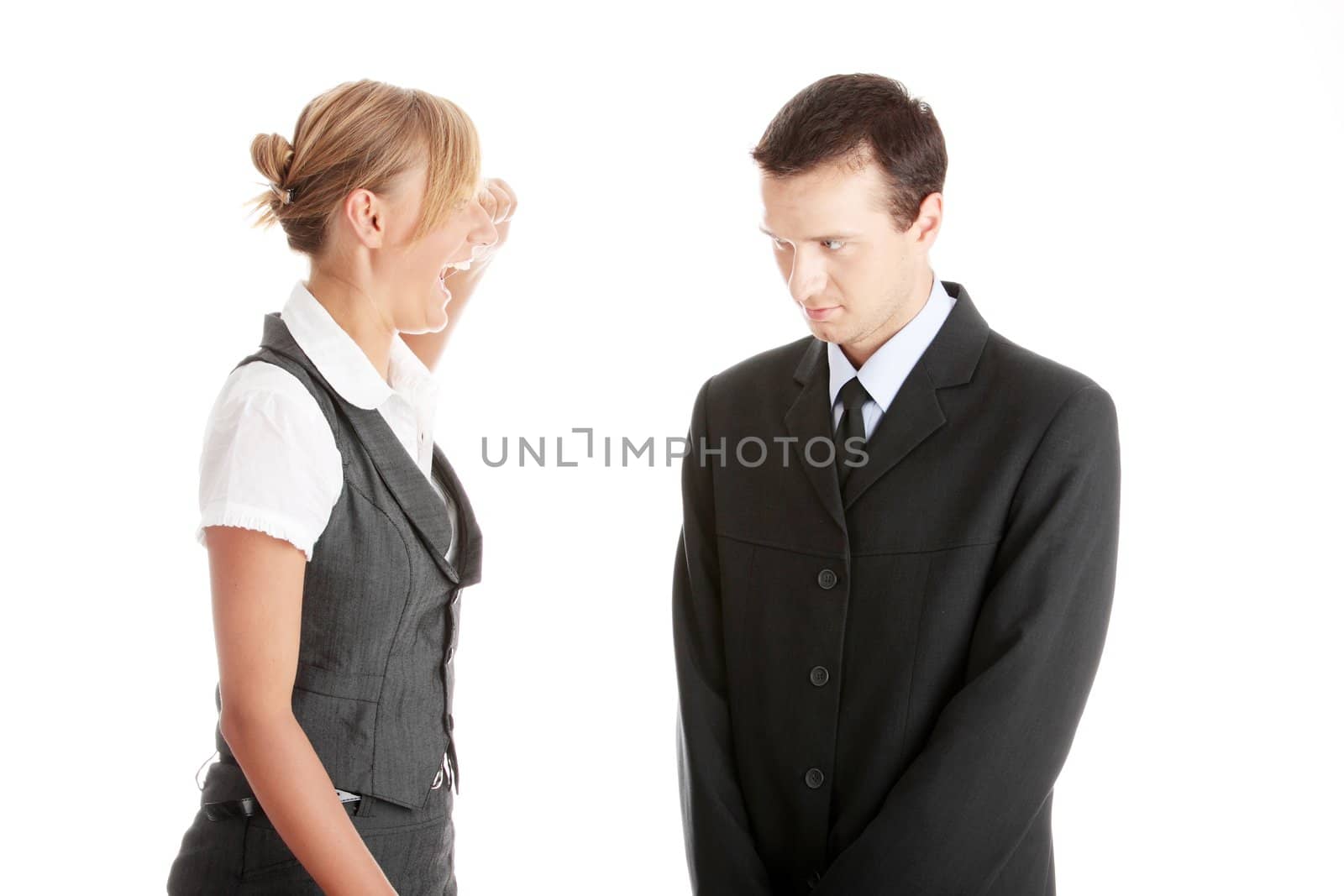 Work Colleagues arguing on white background