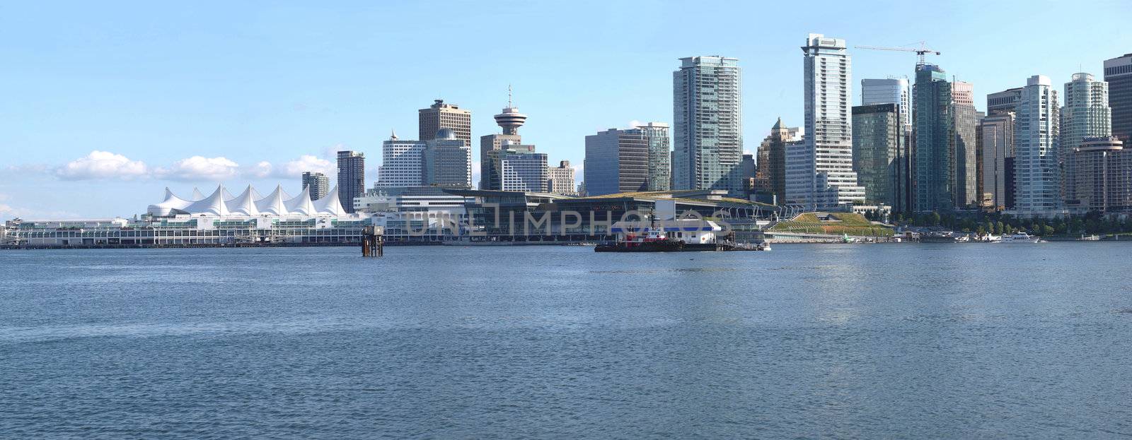 A skyline panorama view of Vancouver BC waterfront from Stanley park.