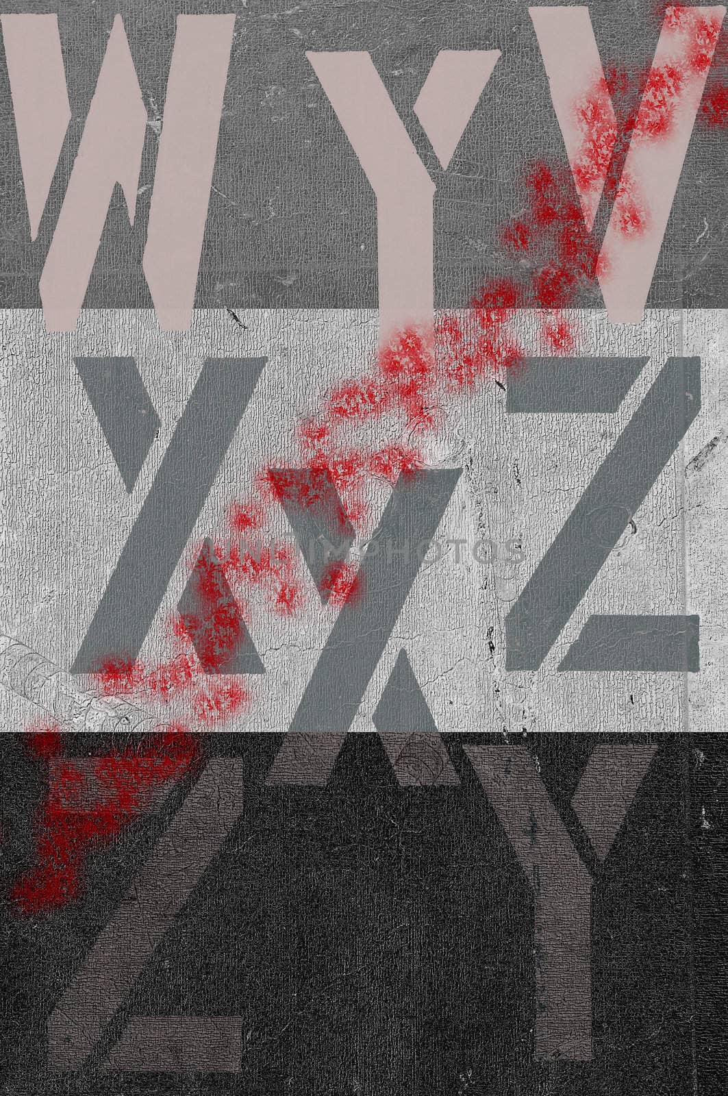 Grey background with stripe and letters with red splatter.
