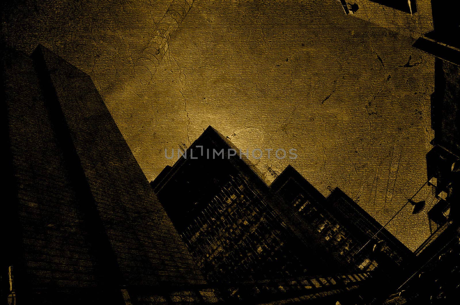 Urban background. Skyscrapers with a layer of a fossil wall. Dark grunge.
