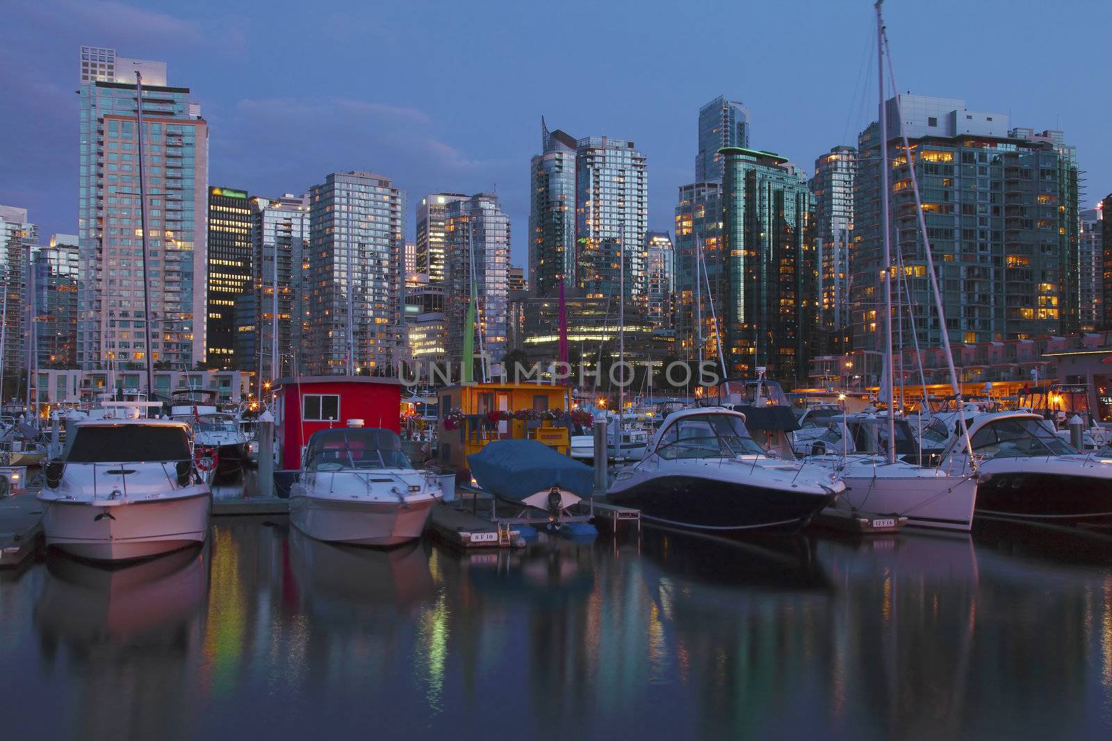 The last light at dusk in Vancouver BC downtown marina, Canada.