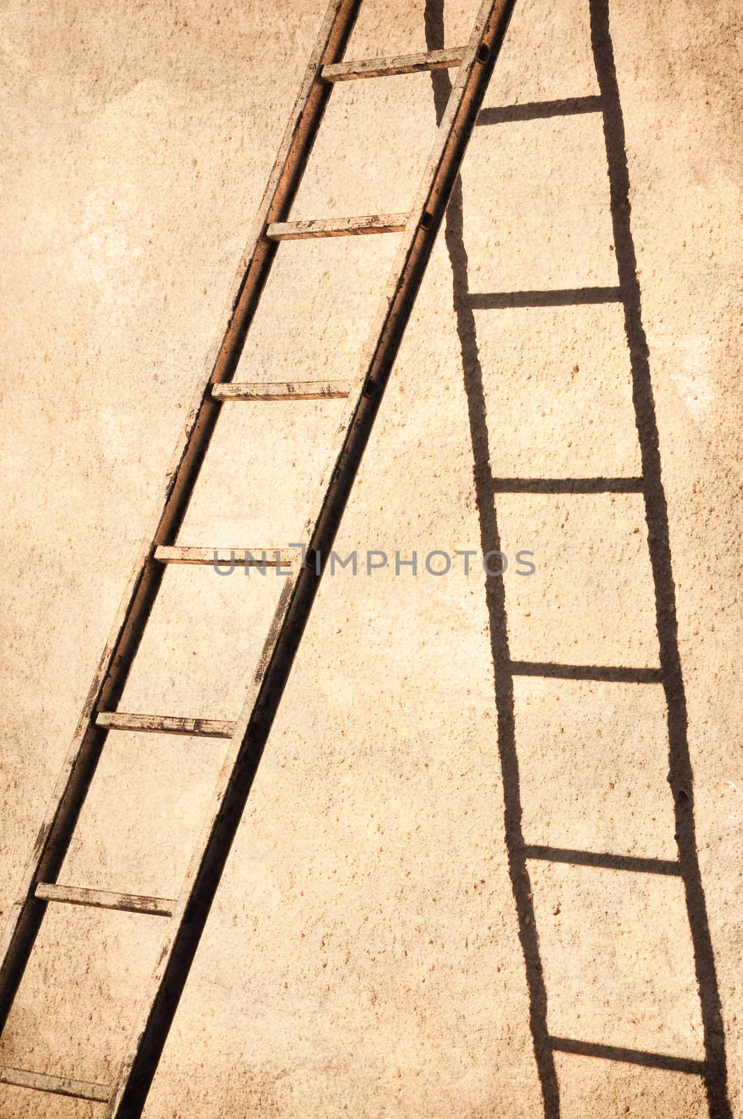 Simple ladder with shadow against a wall in grunge.