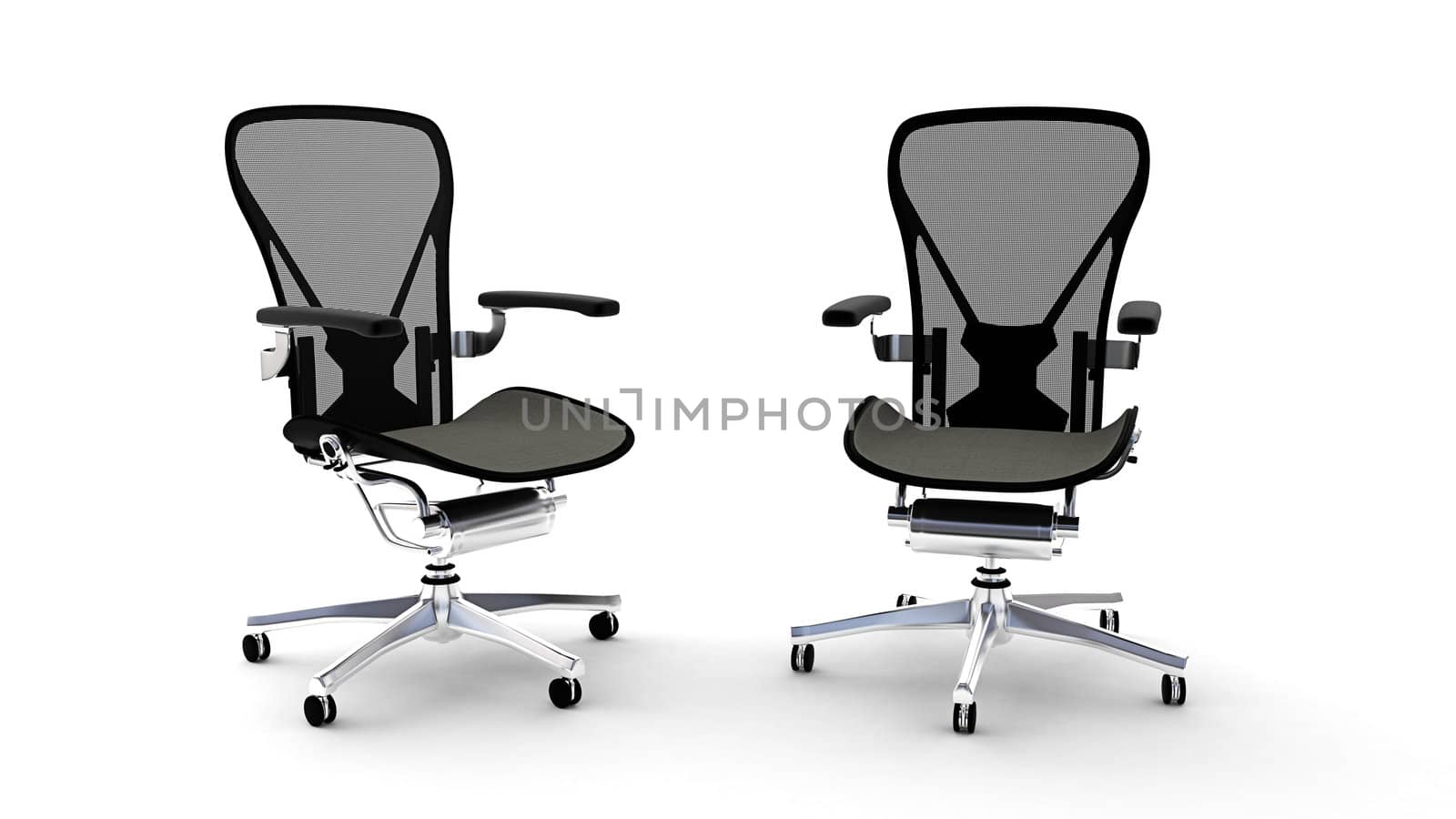 pair of office chairs on a white background 3d render