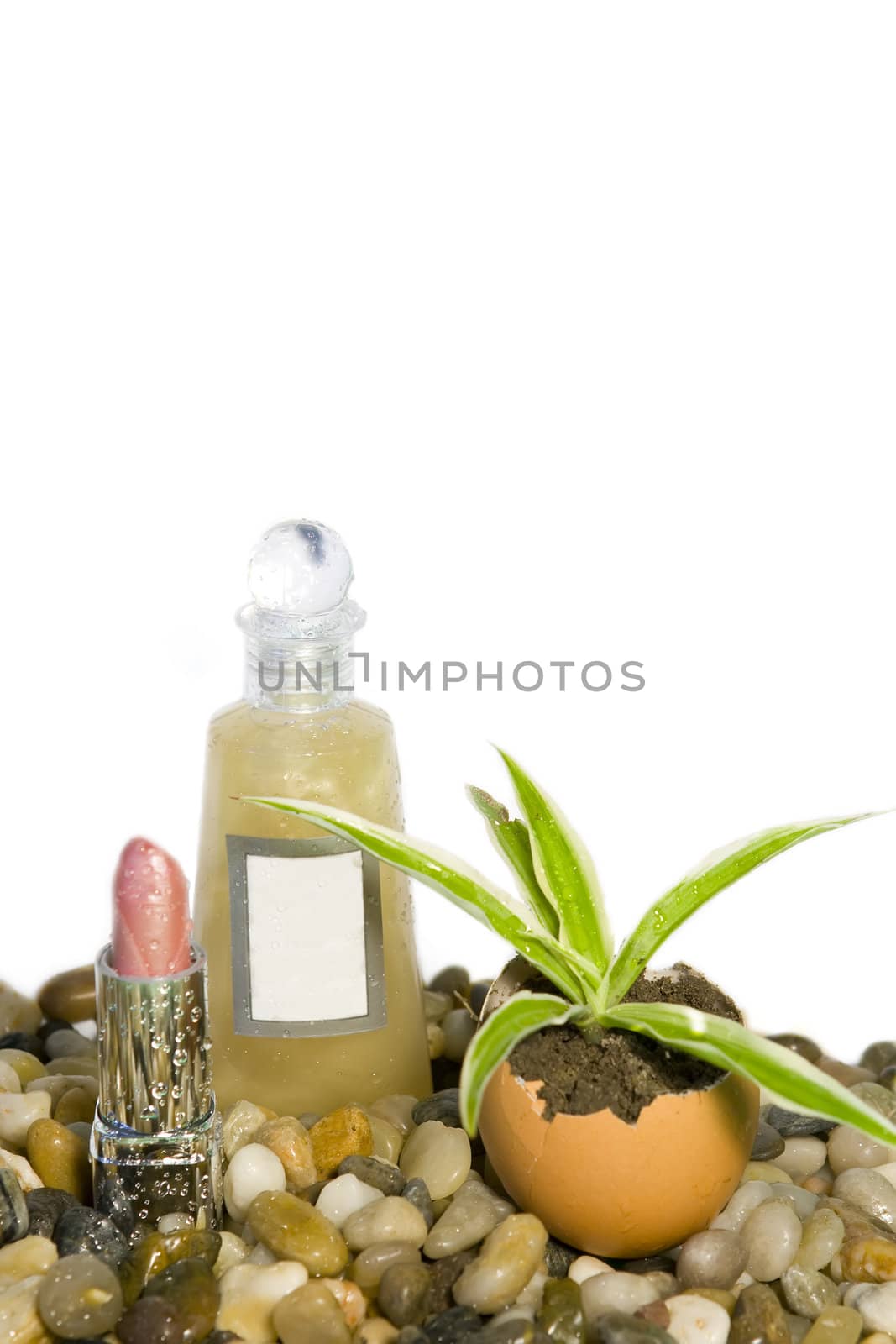 Cosmetics against white background, on pebbles