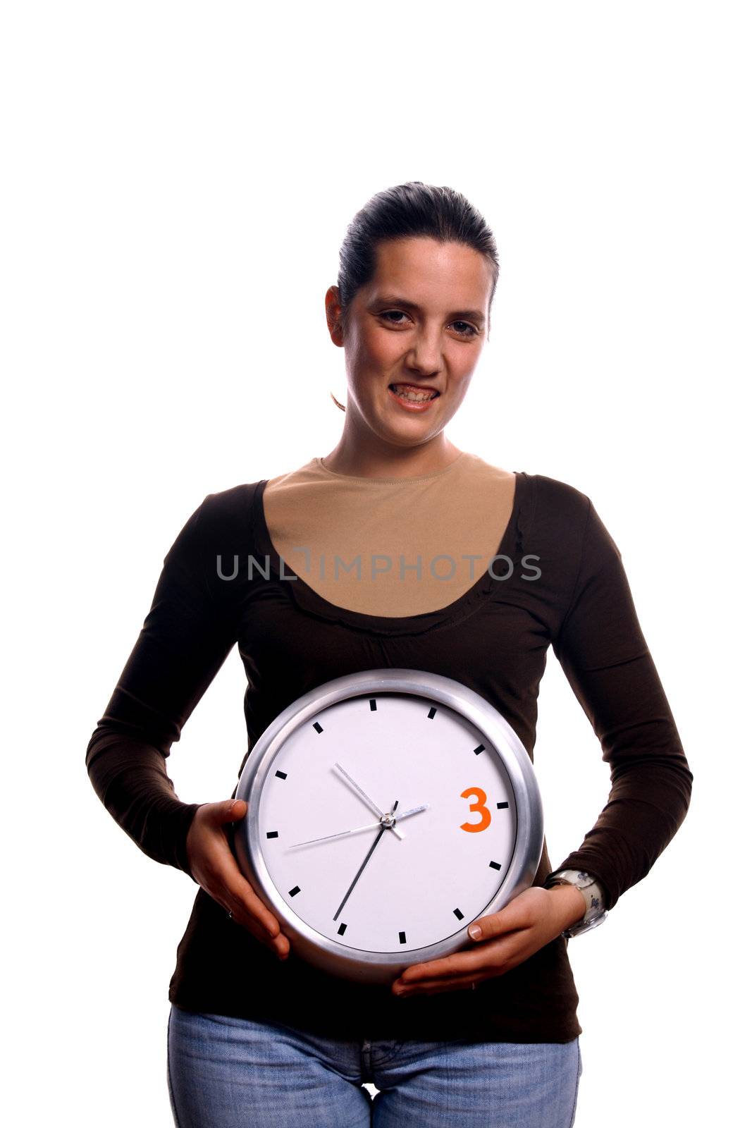 sexy girl with clock over white background