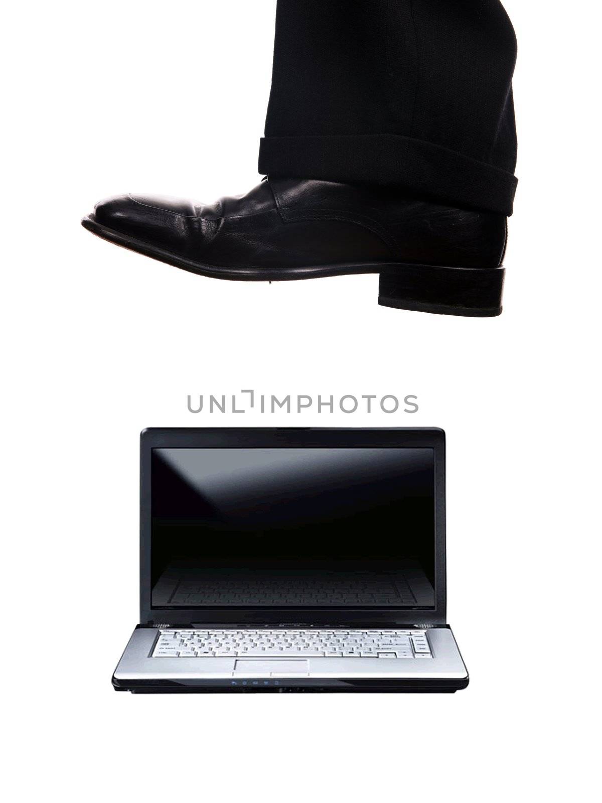 business foot walk over laptop with white background