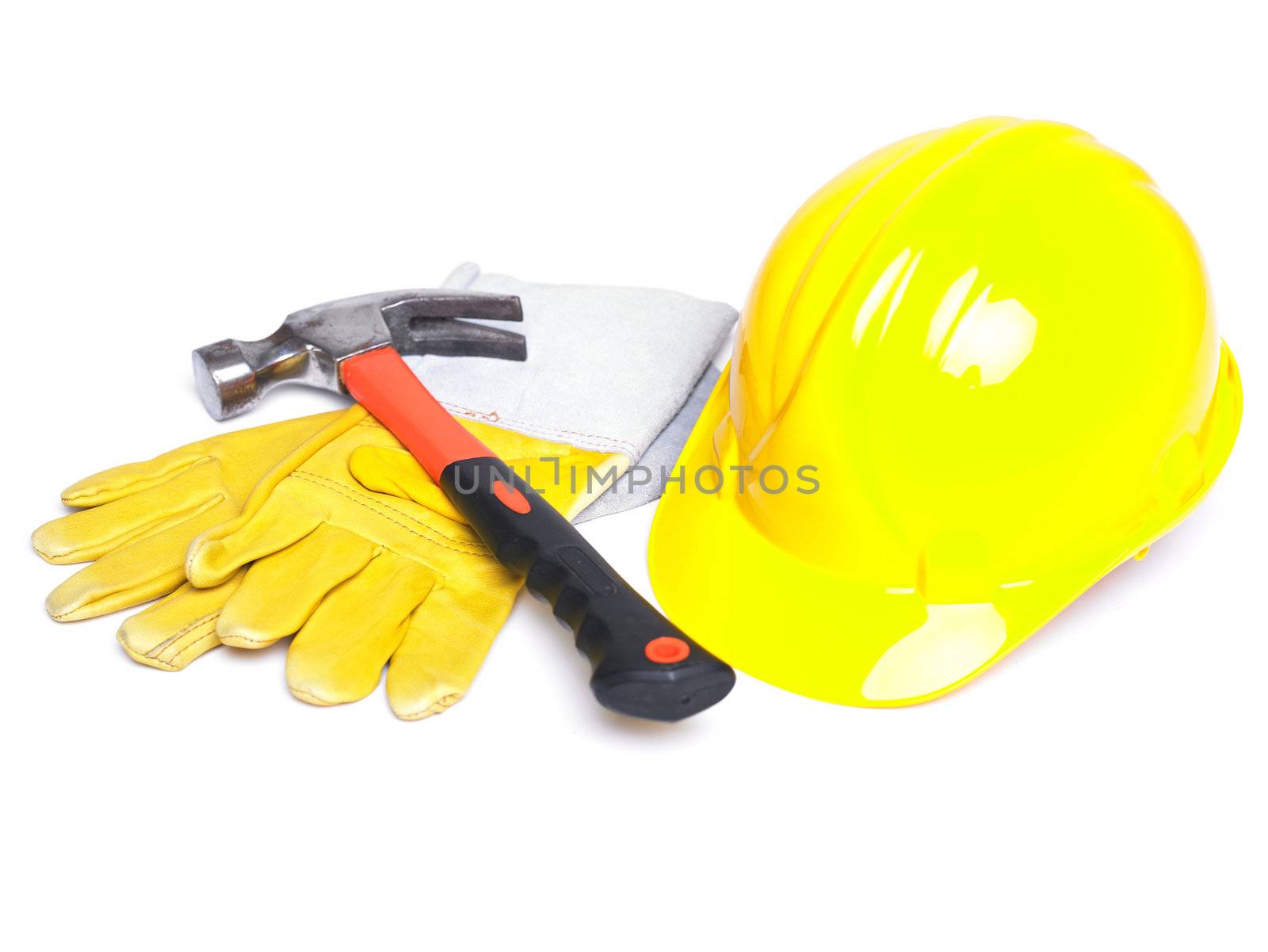 HardHat Hammer And Leather Gloves on white