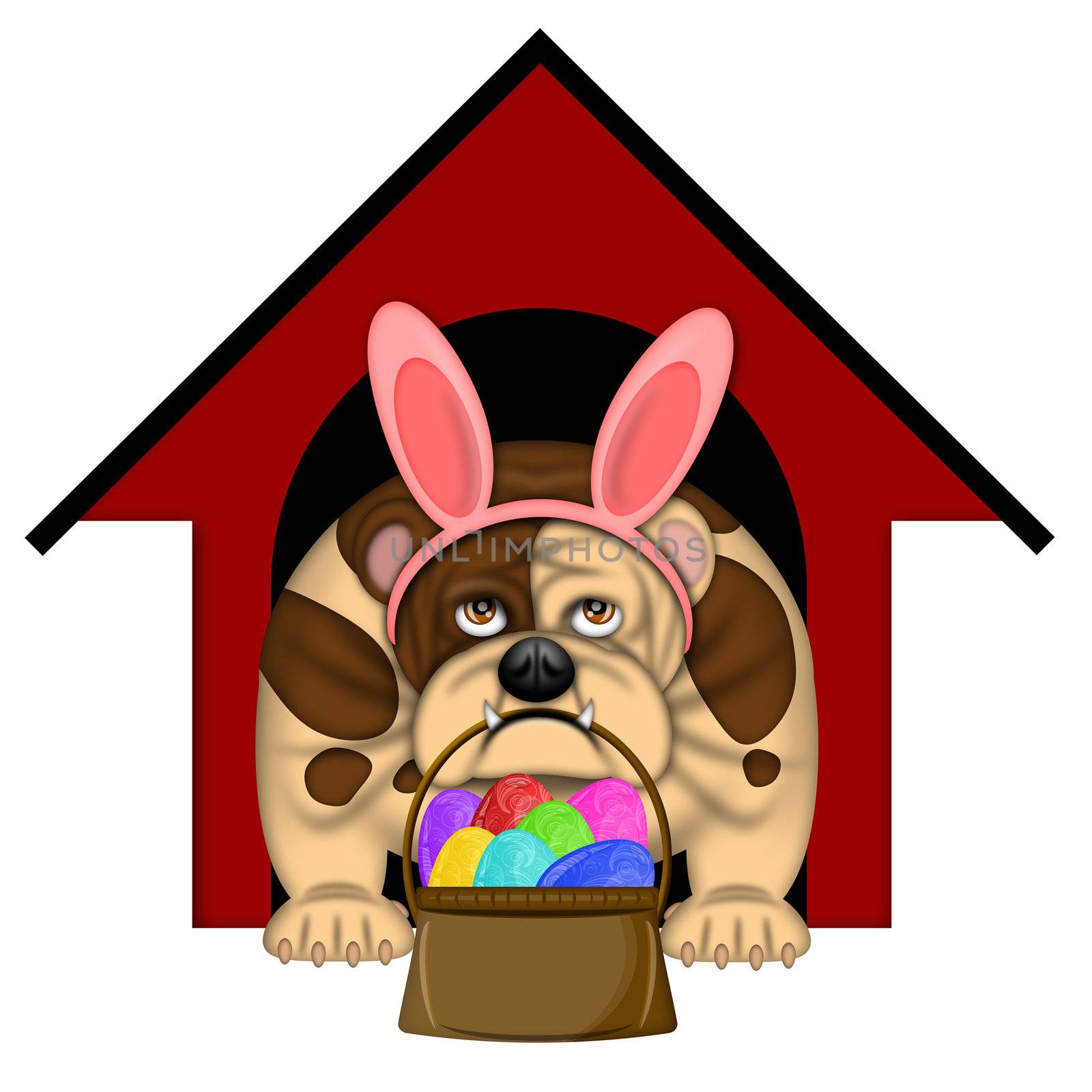 English Bull Dog with Easter Bunny Headband and Egg Basket Illustration