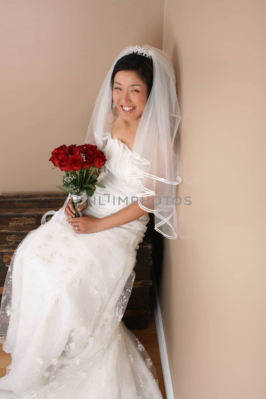 Beautiful bride wearing a traditional gown with red roses