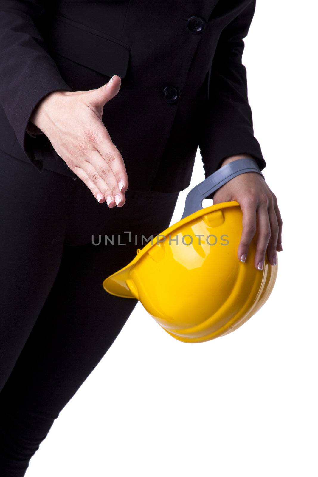 Businesswoman with hardhat Ready For Handshaking by adamr