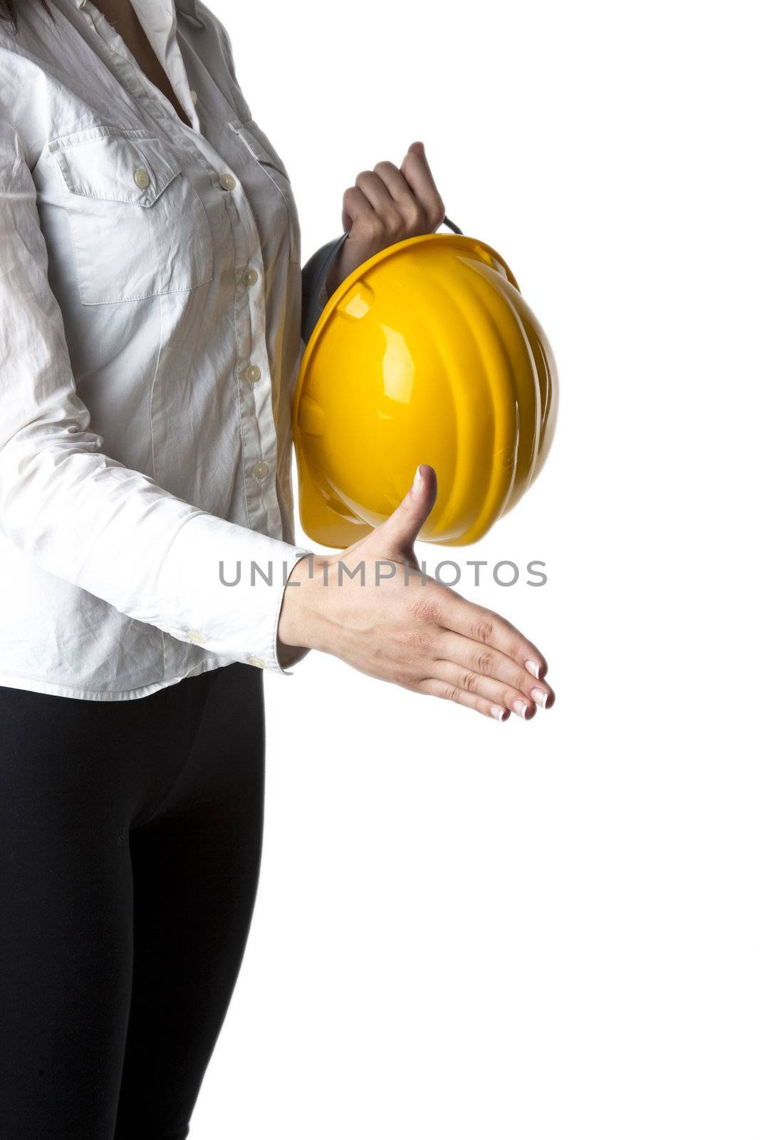 Businesswoman with hardhat Ready For Handshaking by adamr