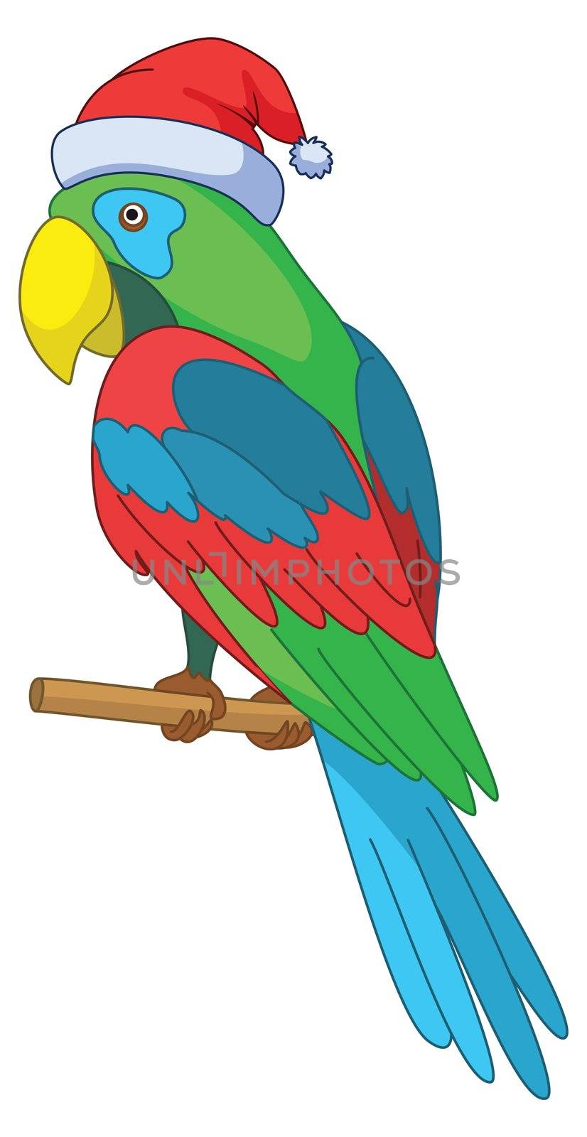 Christmas cartoon: parrot in Santa Claus hat sits on a wooden pole