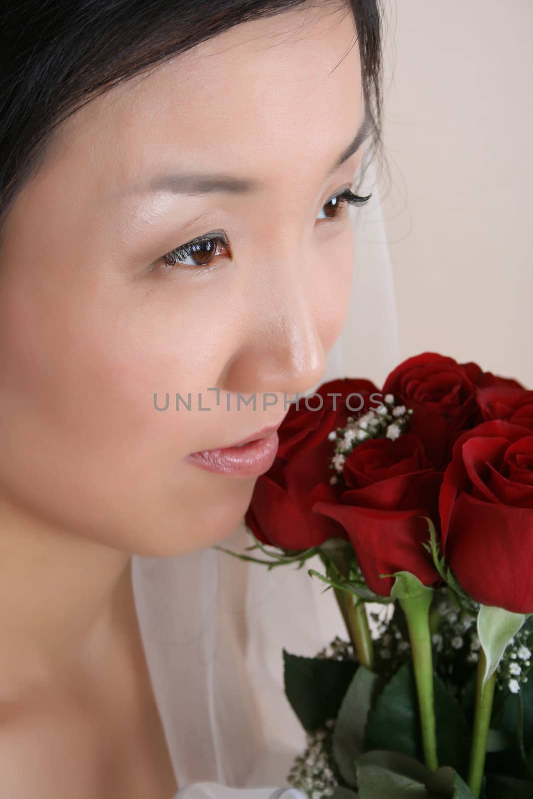 Beautiful Korean bride wearing a traditional wedding gown 