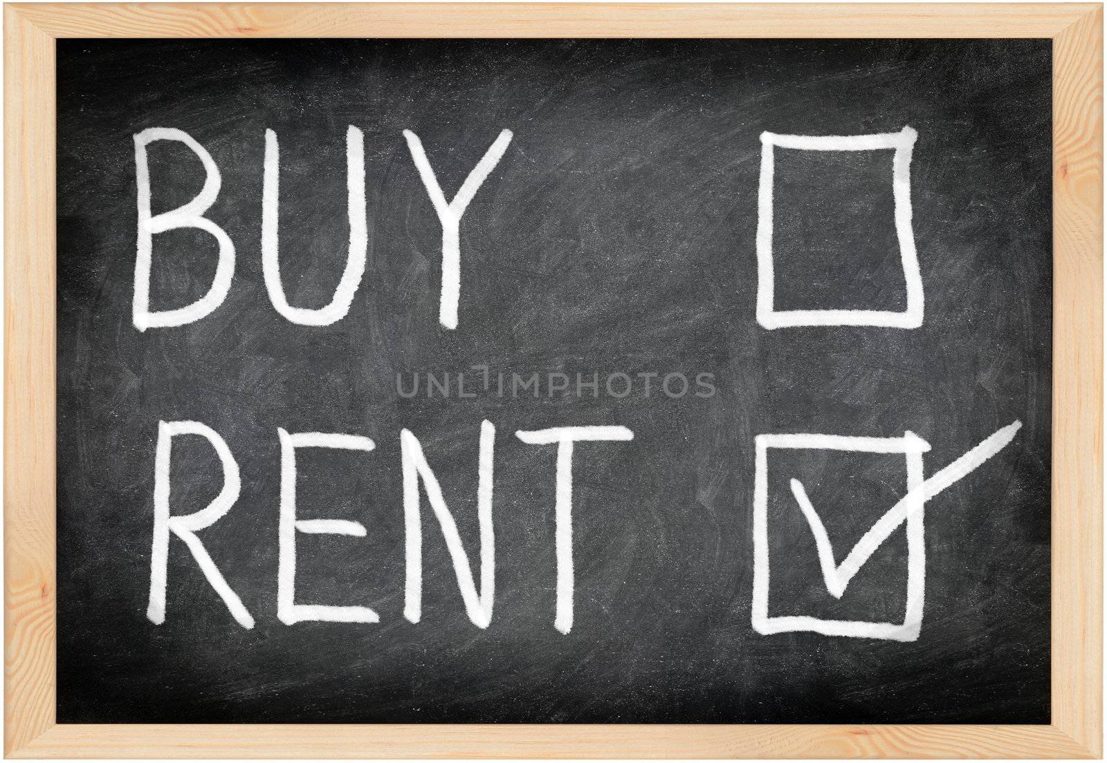 Rent not buy blackboard concept. Choosing renting over buying.
