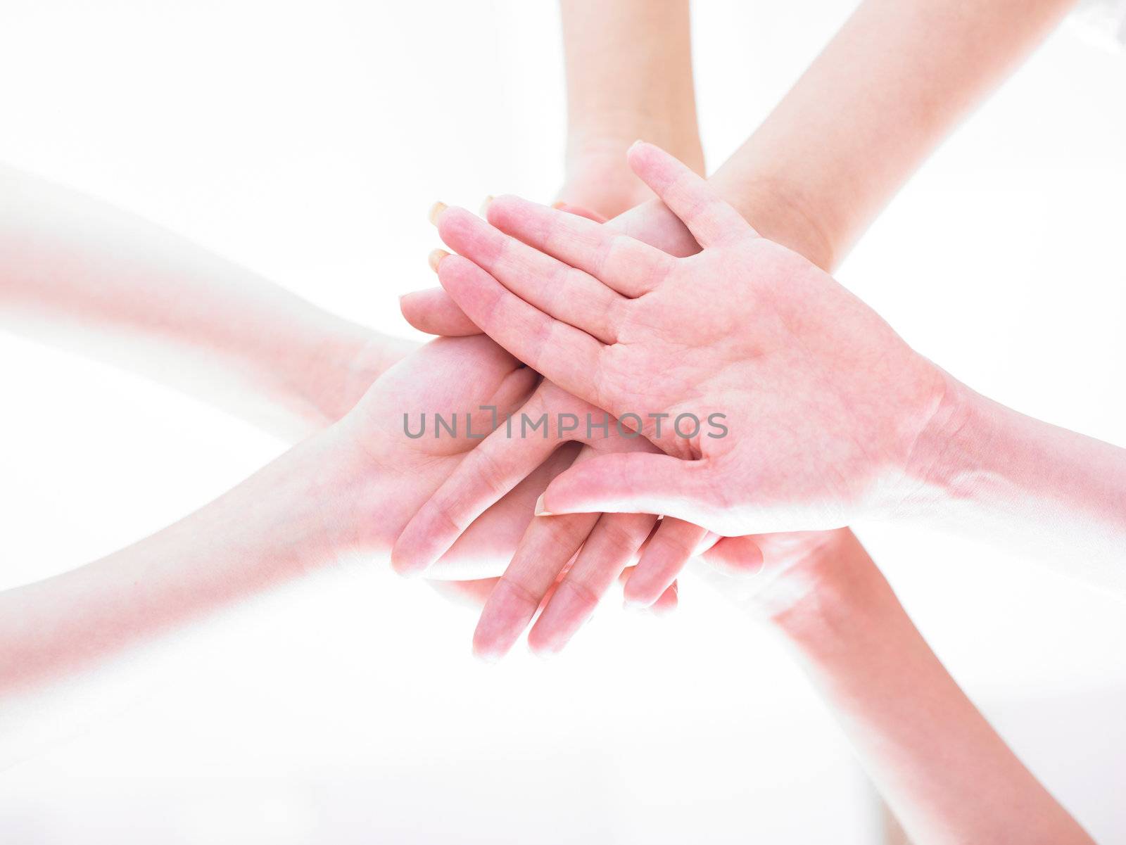 Business team join hands on white background
