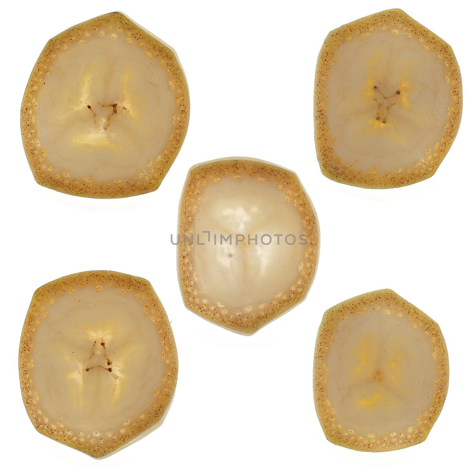 Slices of banana isolated on white background.