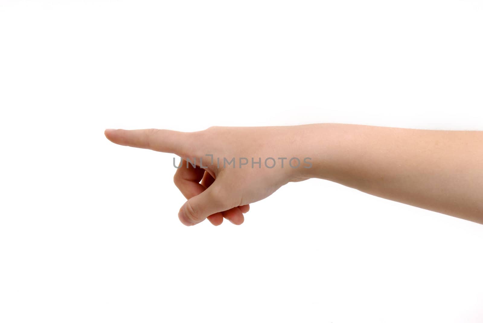finger and hand of a person stating an address, isolated on white background 