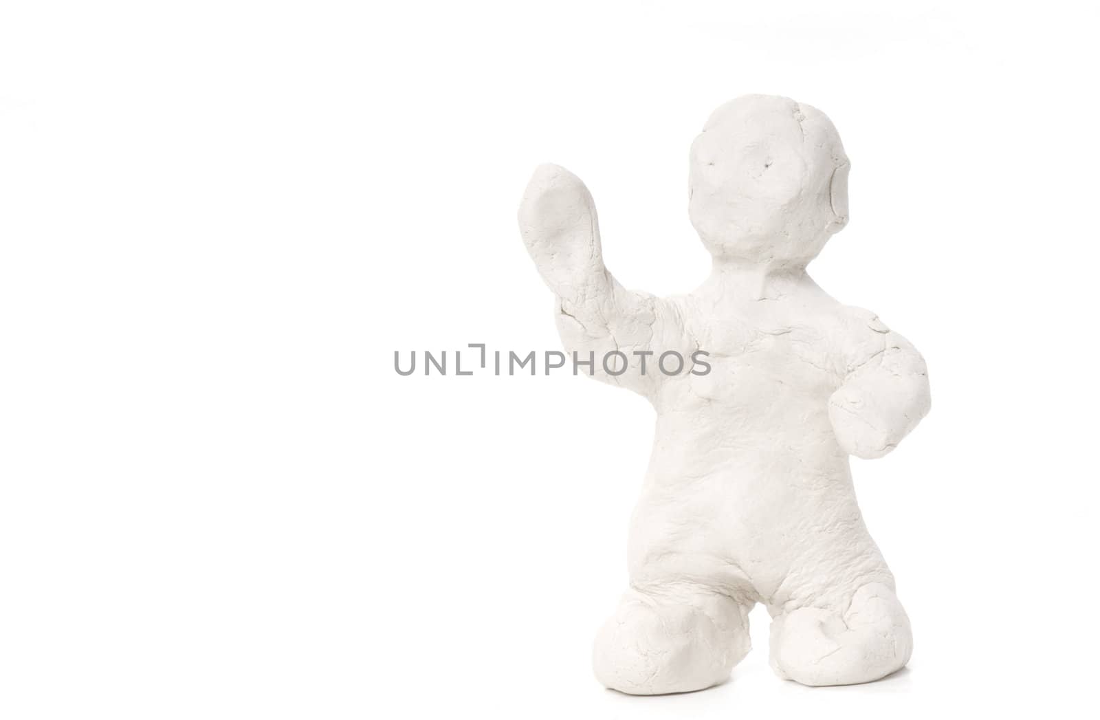 white clay man without a face saying hello isolated 