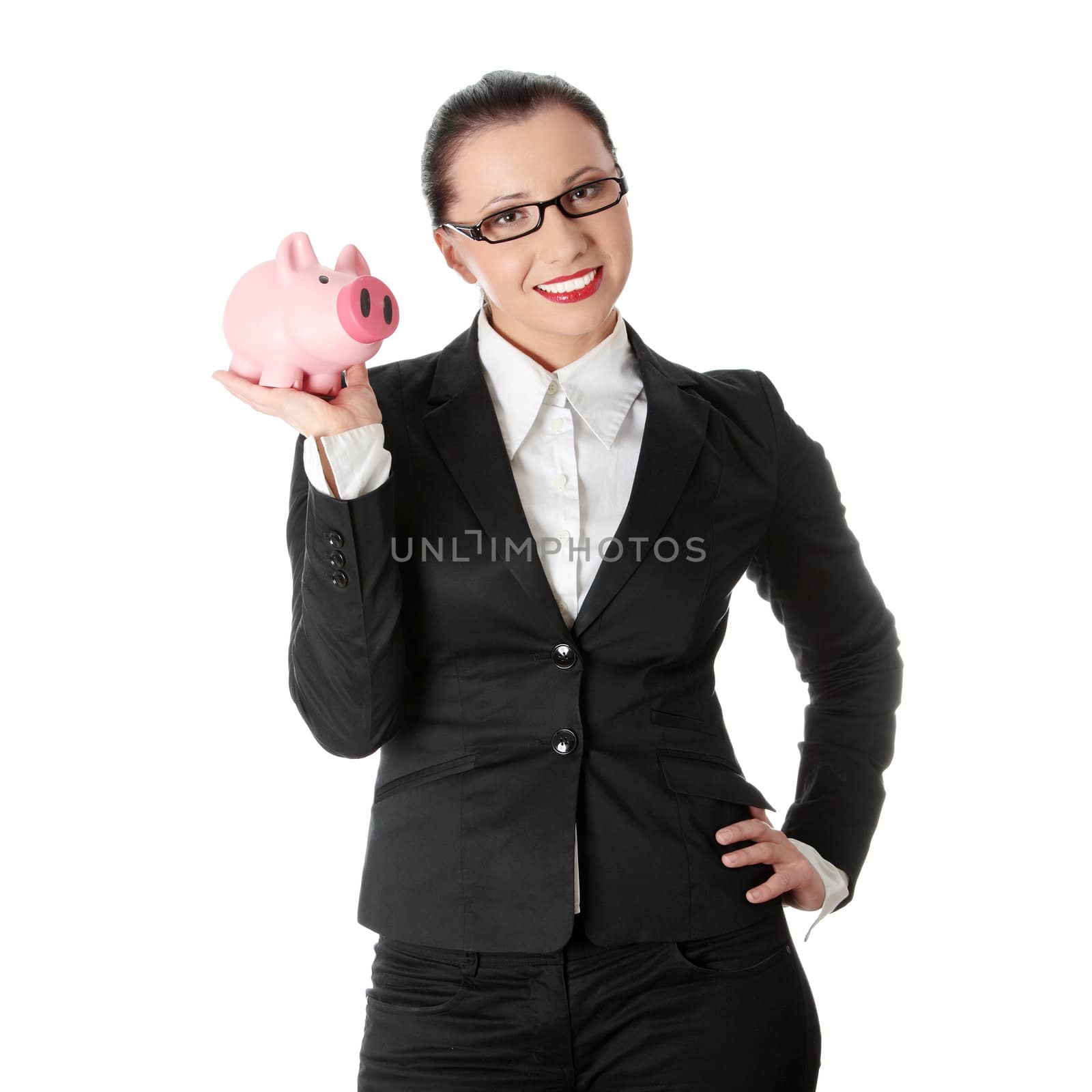 Woman Holding Piggy Bank by BDS