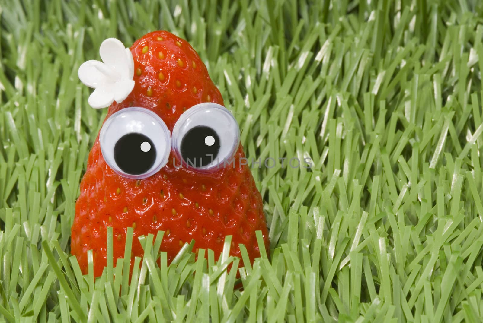 Strawberry with eyes and a flower on the green grass 