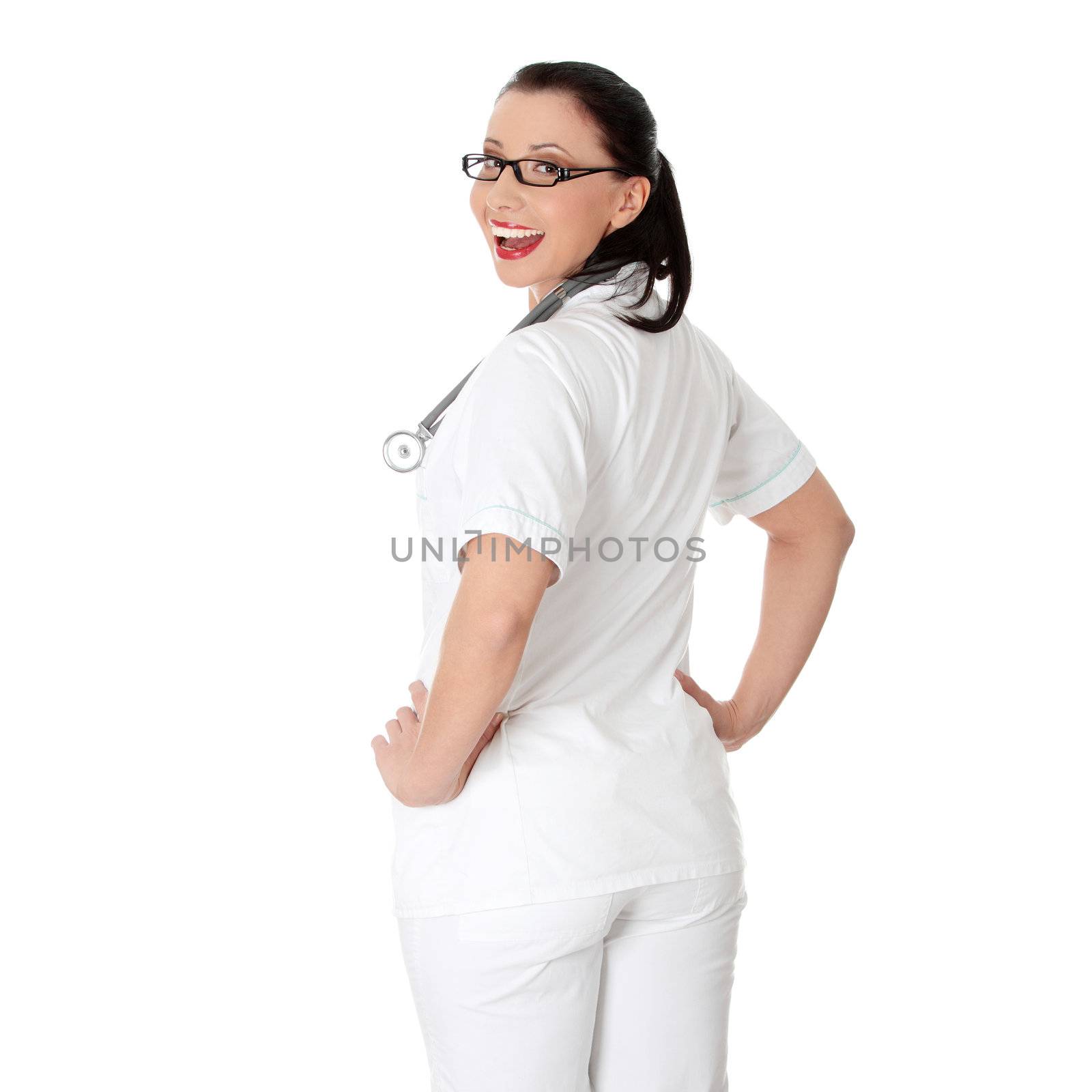 Young happy nurse or female doctor , isolated on white background