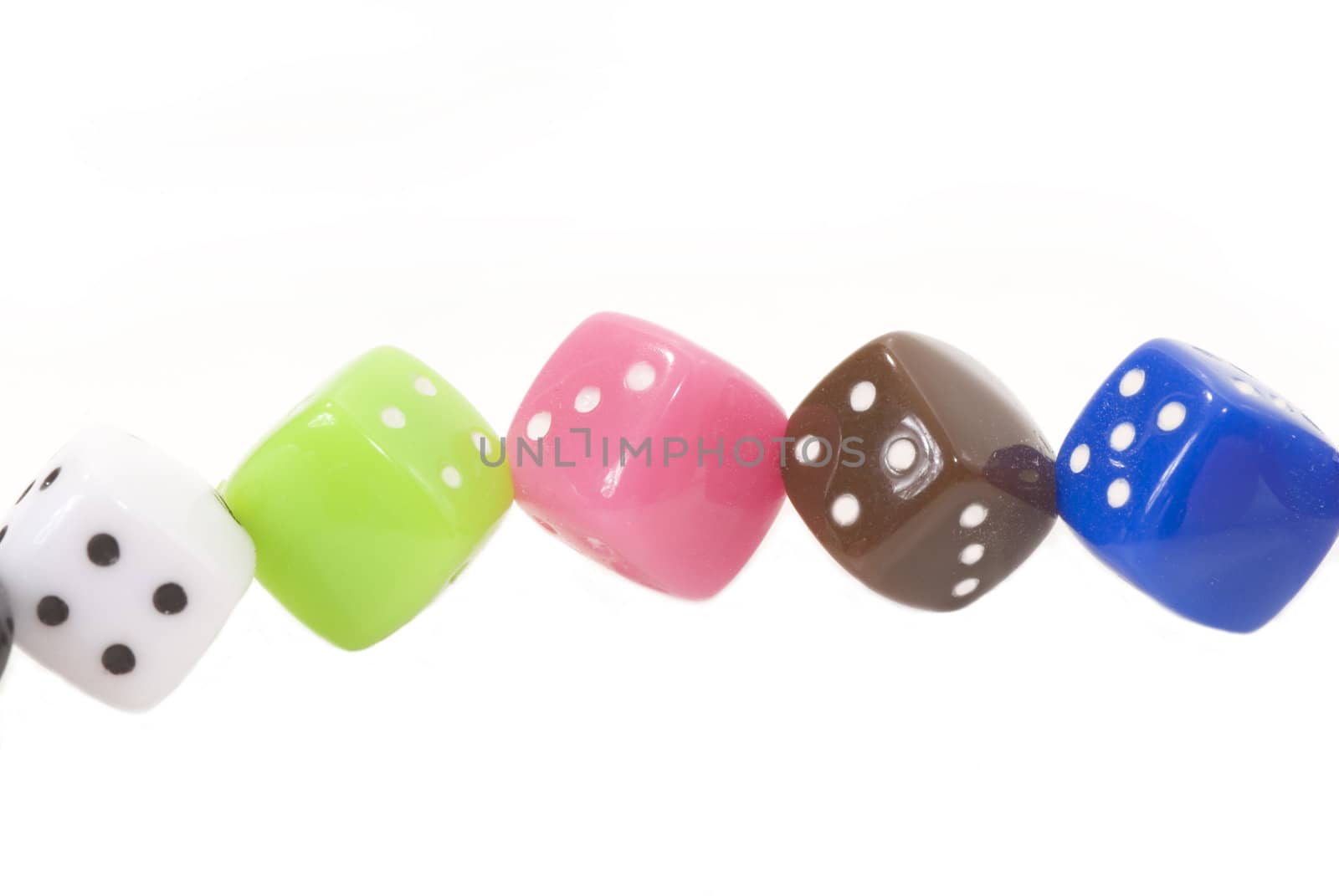 five colored dice isolated on white background 