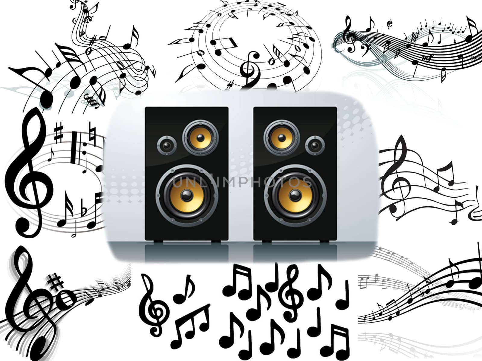 the speakers and musical notes