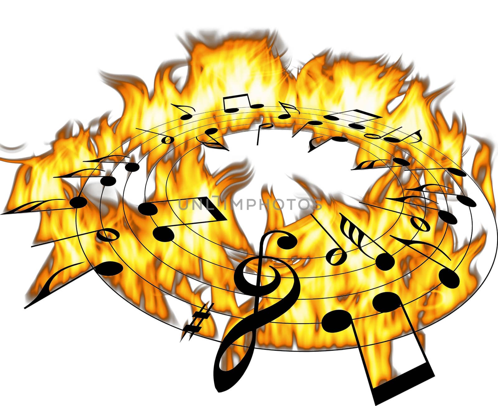 notes and flames on a white background
