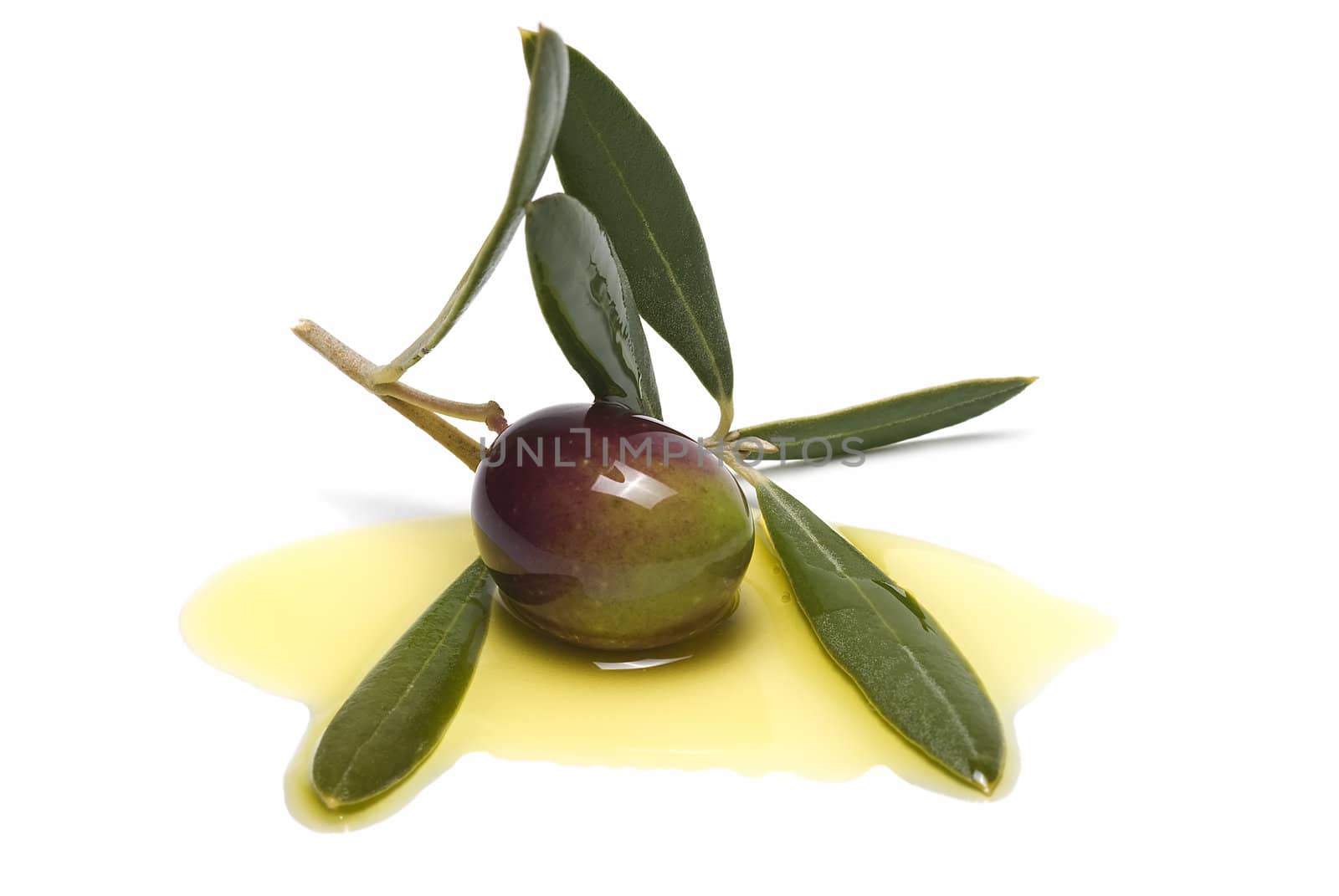 Green olive with leaves on some olive oil and isolated over a white background.