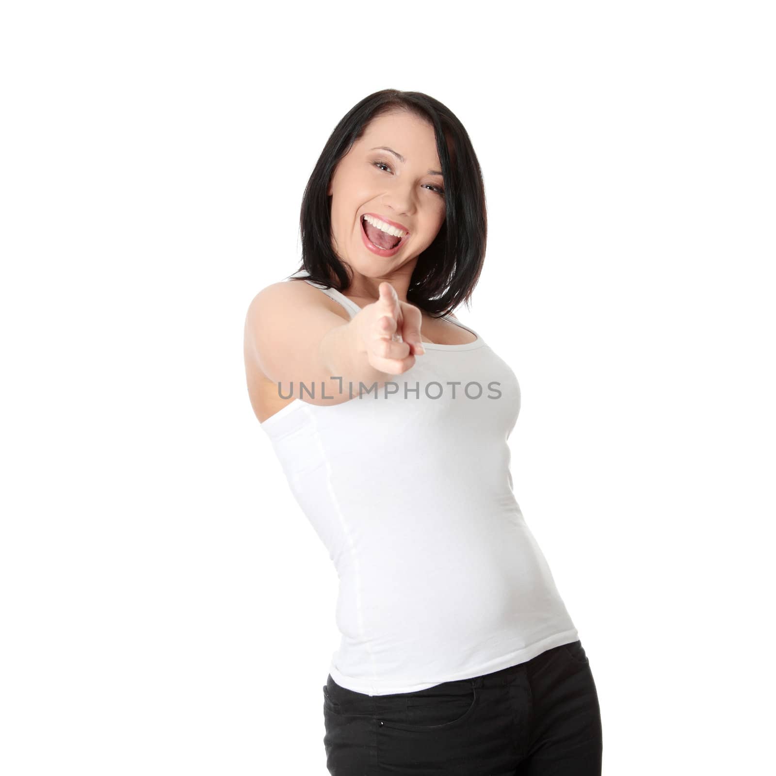 Young beautiful happy caucasian woman pointing on you ,isolated on white