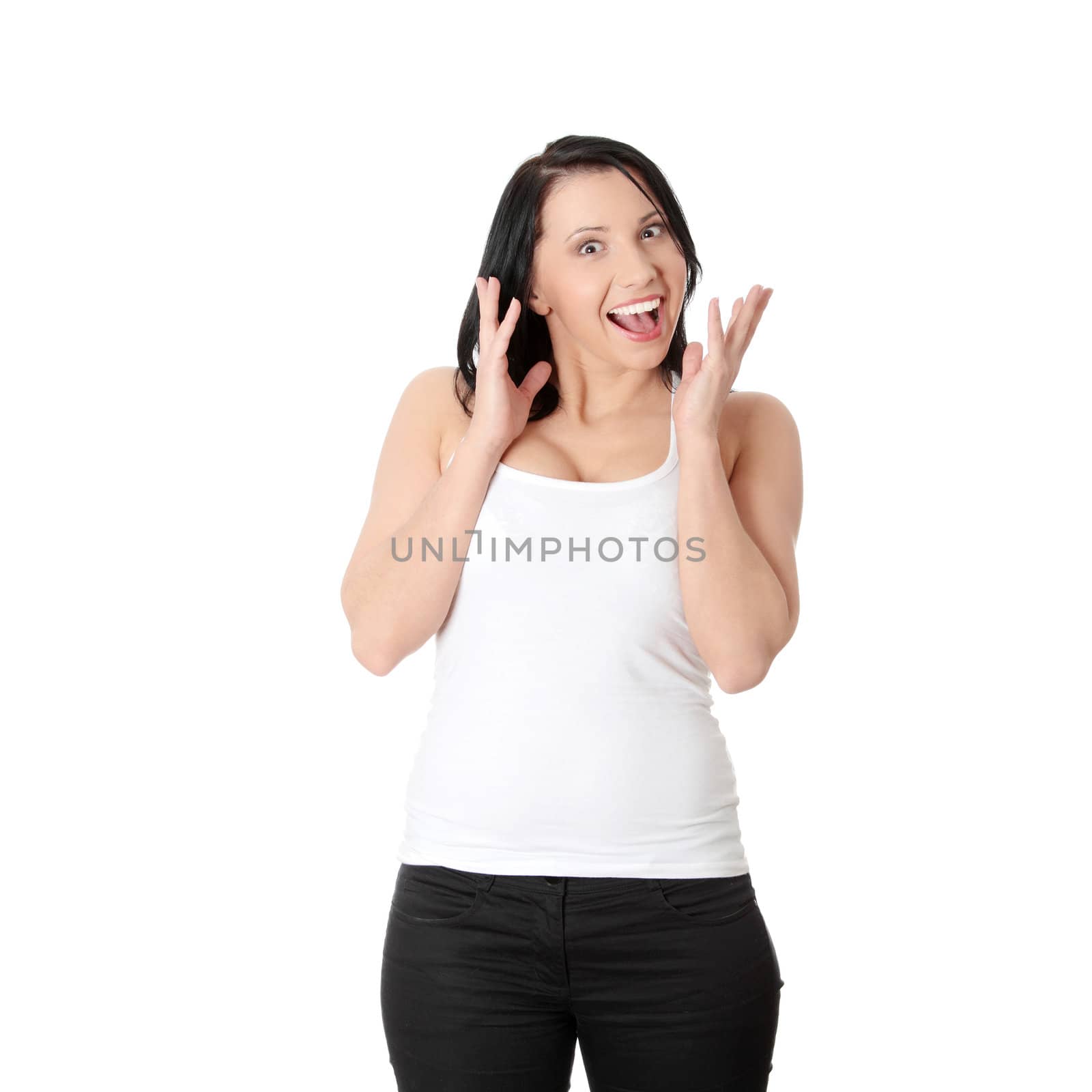 Shocked woman portrait, over white background