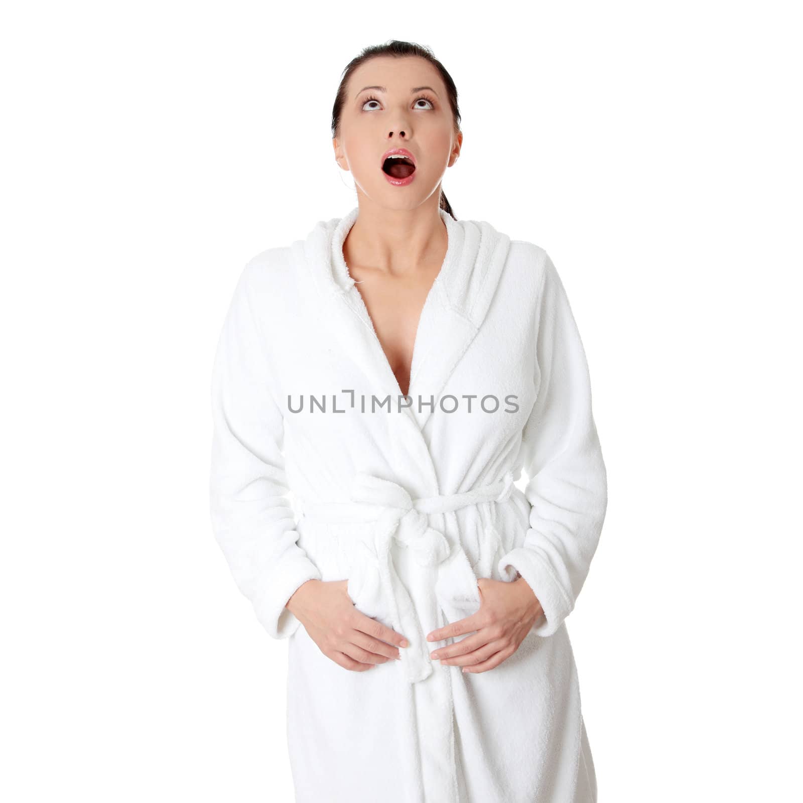 Young beautiful caucasian woman after bath isolated on white