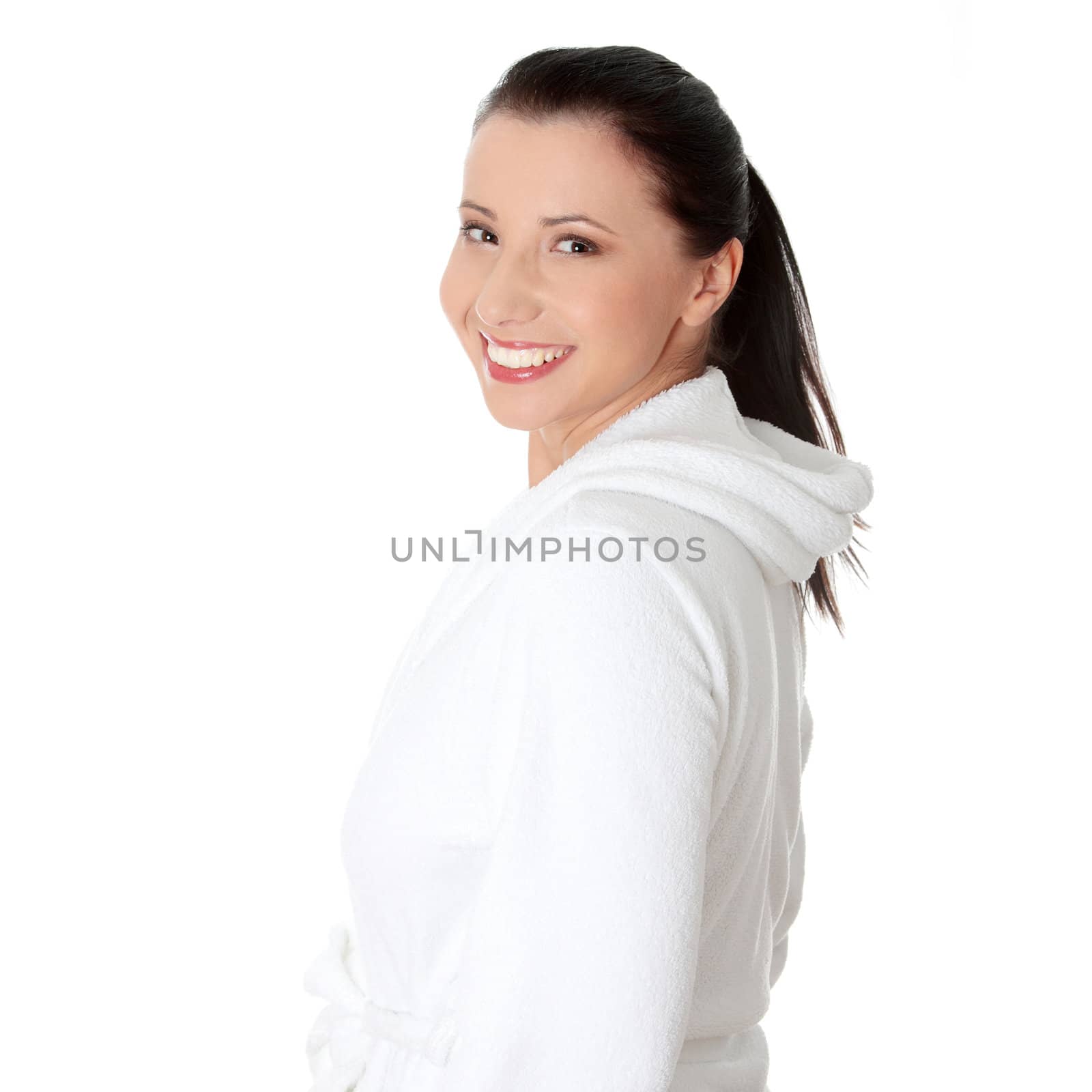 Young beautiful caucasian woman after bath isolated on white