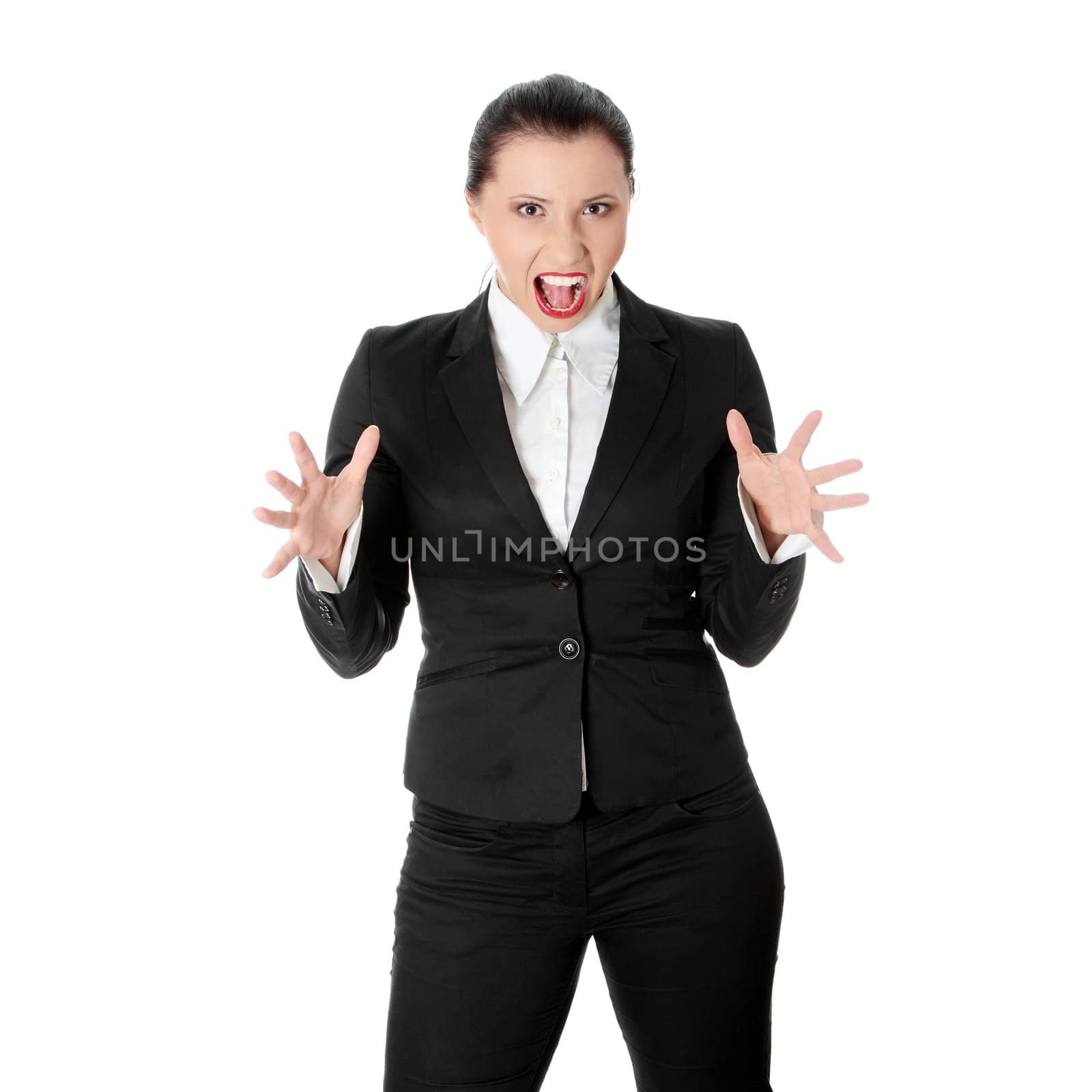 Mad business woman portrait isolated over a white background