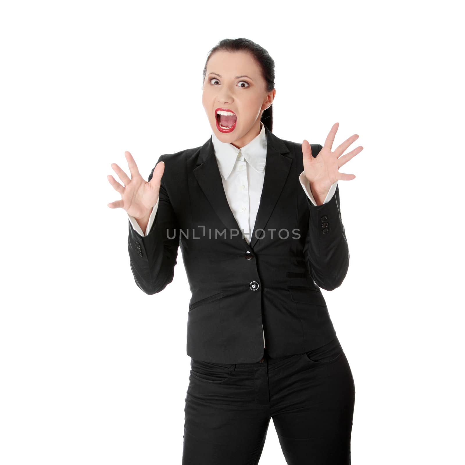 Mad business woman portrait isolated over a white background