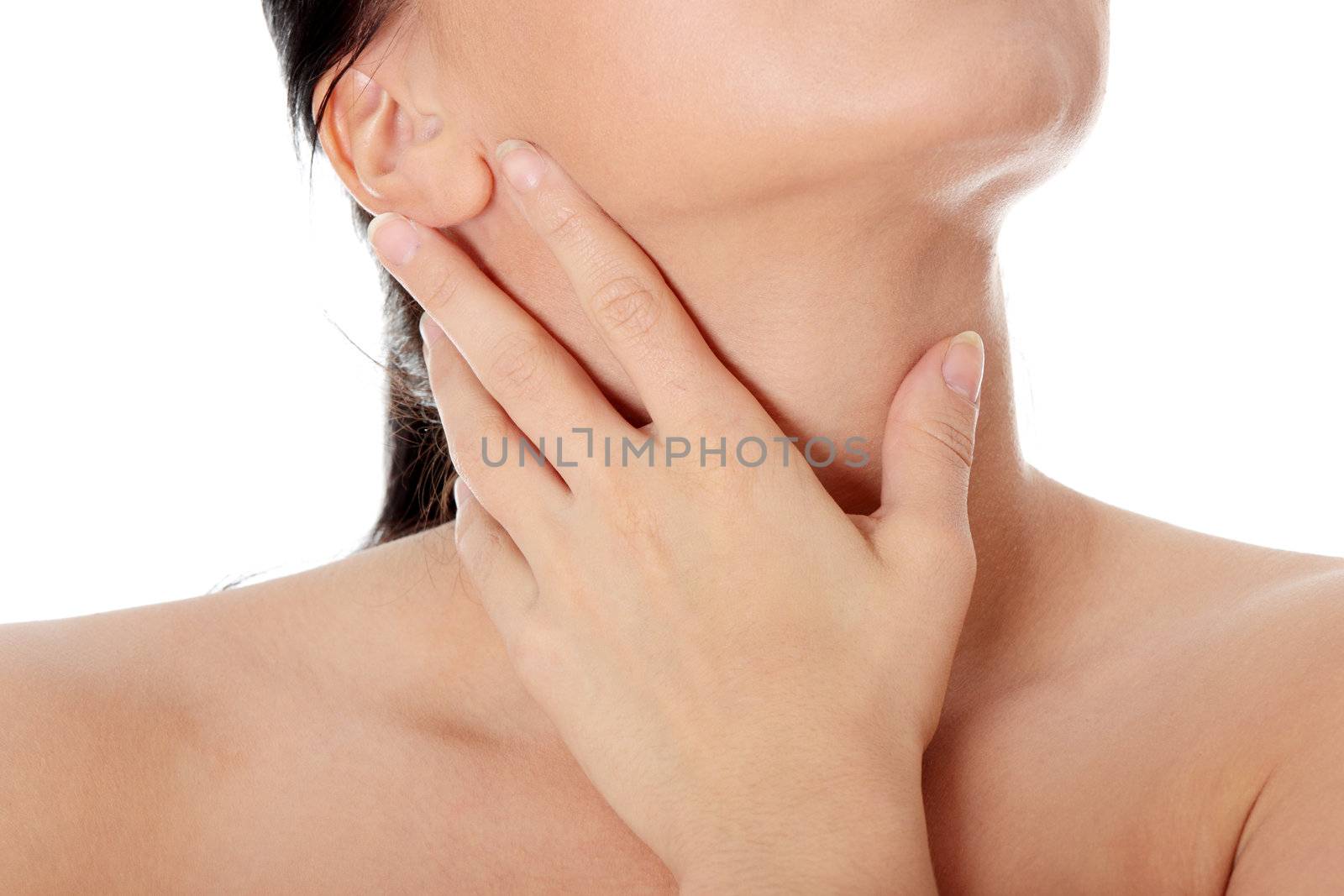 Throat pain concept. Young woman with touching her throat.