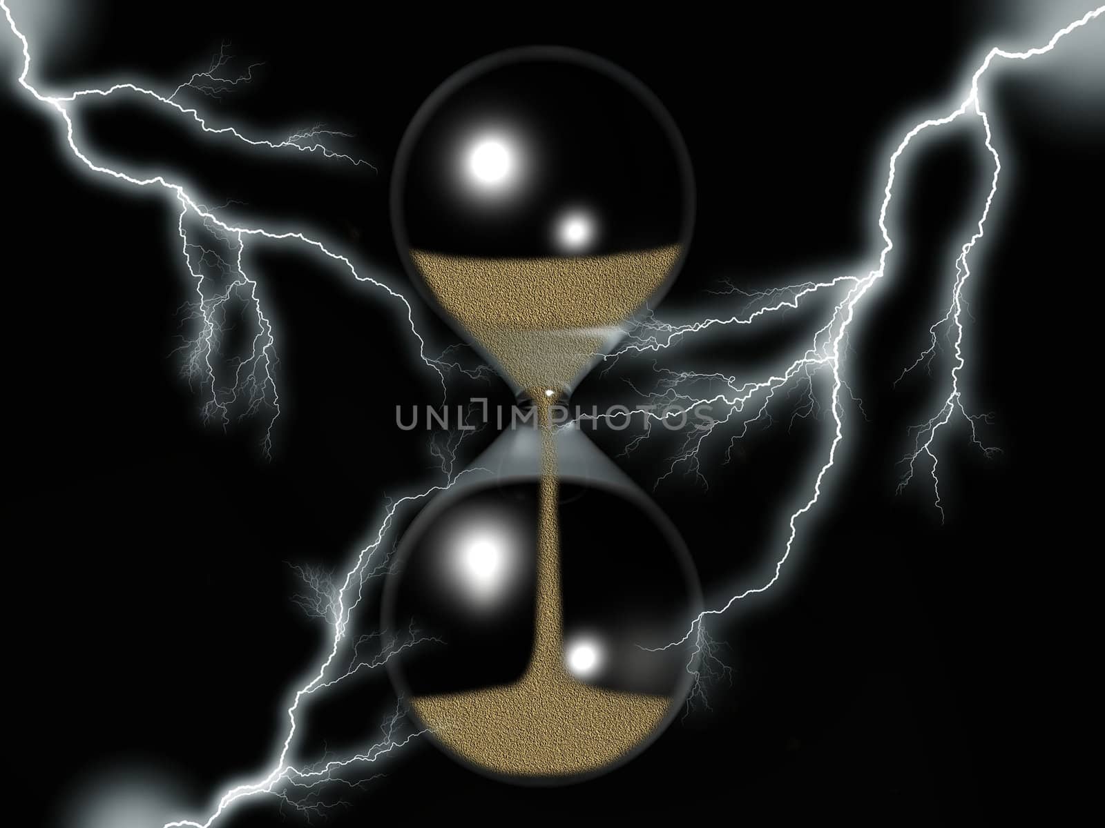 an hourglass on a black background and lightning