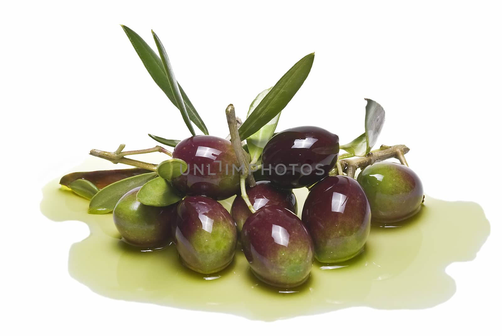 Green olives with leaves covered in olive oil and isolated over awhite background.