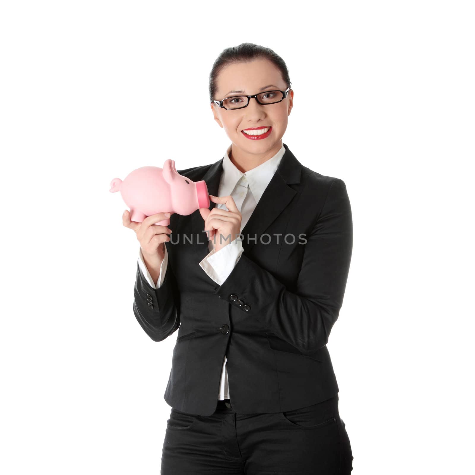 Woman Holding Piggy Bank isolated on white