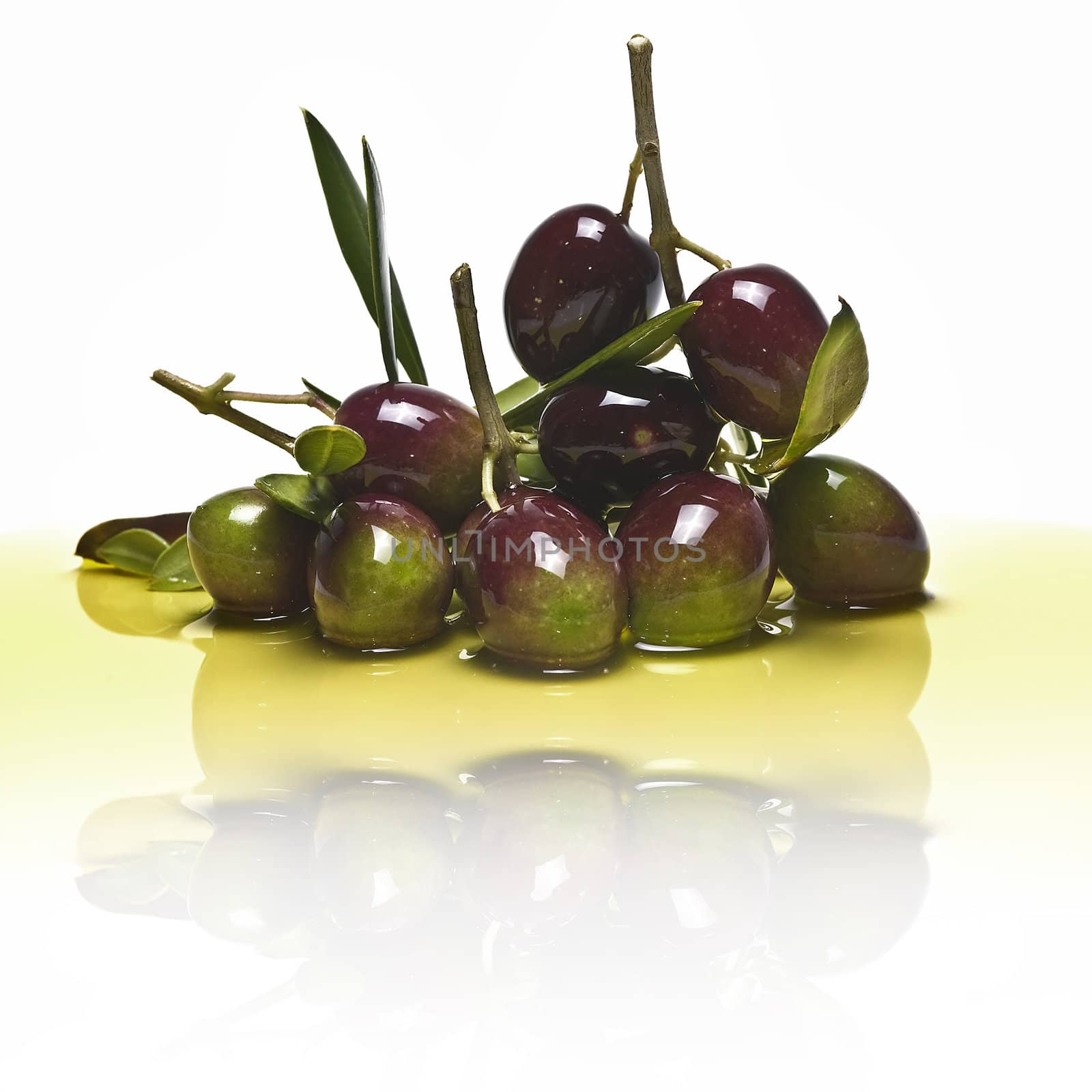 Green olives with leaves covered in olive oil and isolated over awhite background.