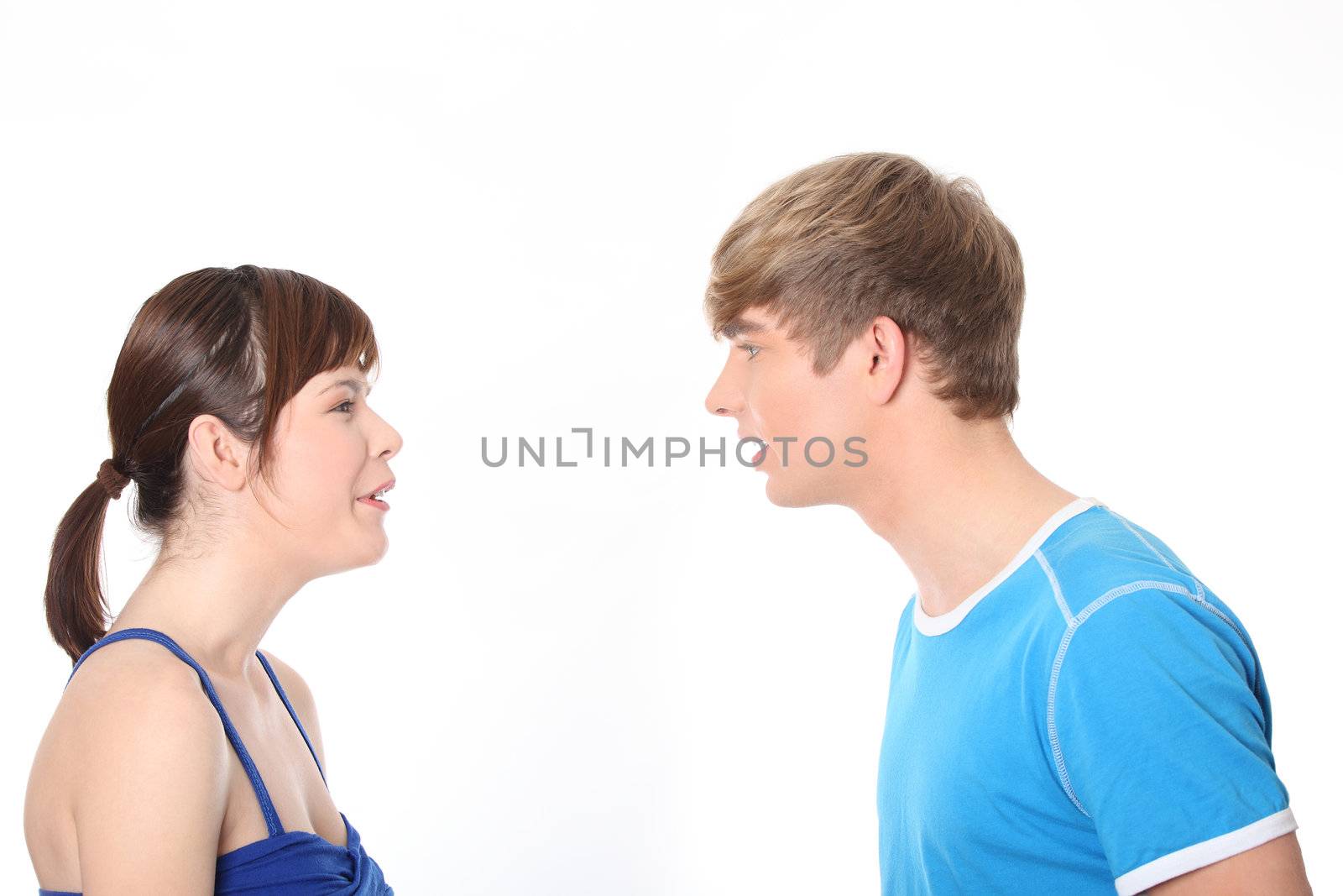 Young couple arguing, isolated on white