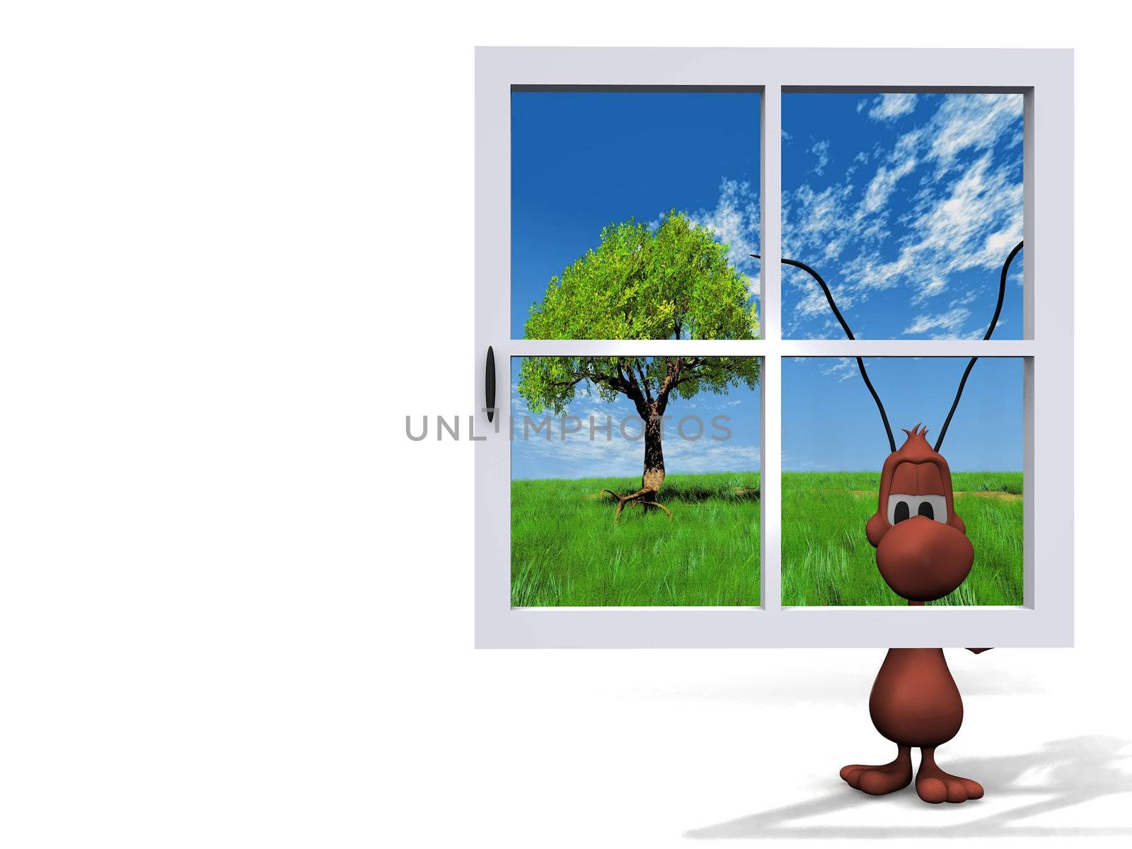 ant behind the blue window
